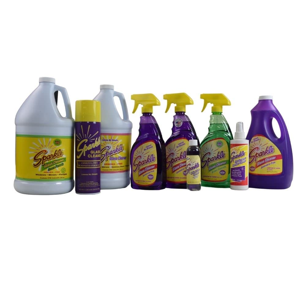 Streak-Free Sparkle Glass Cleaner Spray & Refill Kit - Ammonia-Free Formula for Crystal Clear Windows & Mirrors - 33.8oz Spray Bottle + 1 Gallon Refill (2-Pack) - Perfect for Homes, Offices & Car Windows