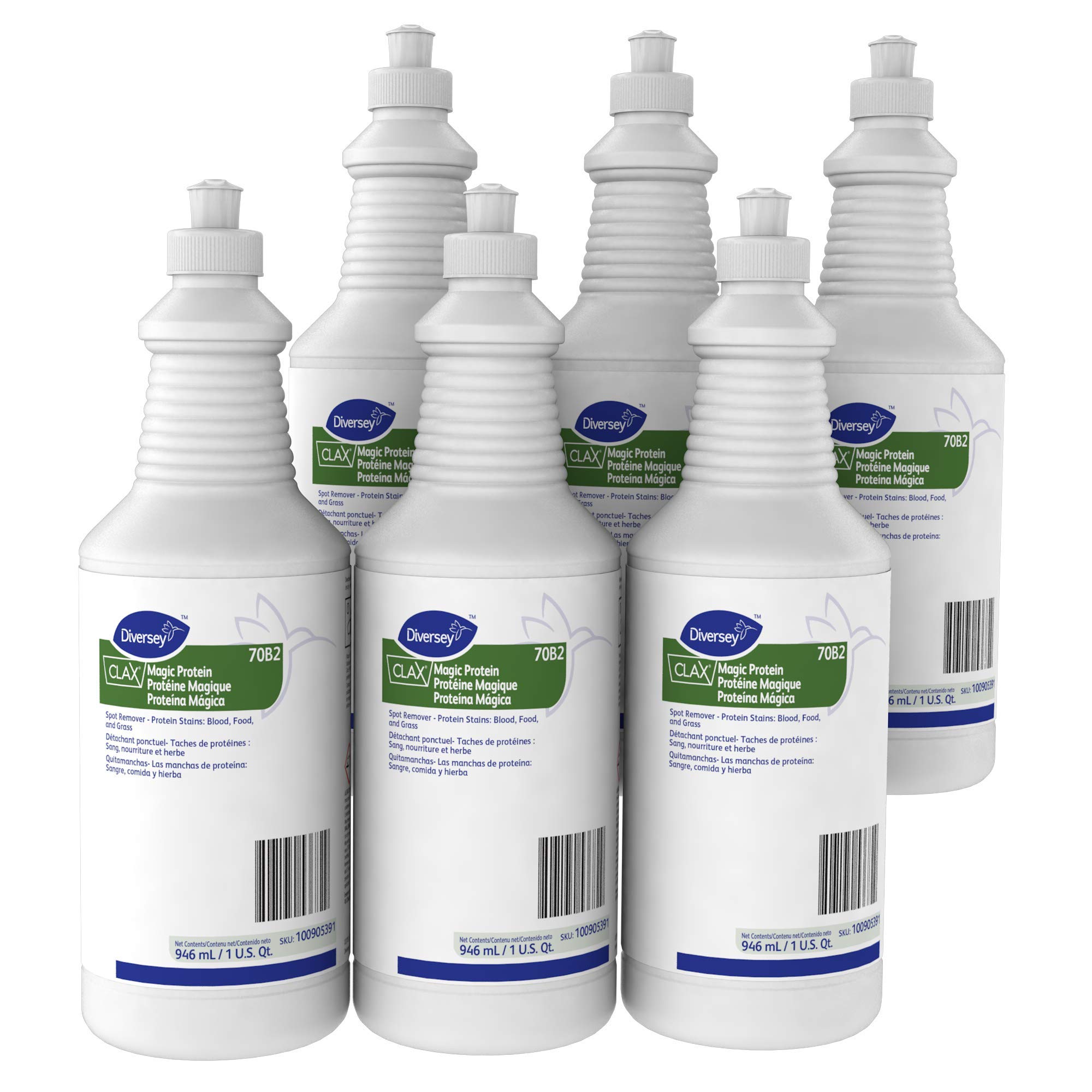 Diversey Clax Magic Protein Commercial Fabric Spot Remover - Stain Remover for Blood, Food & Grass Stains - Ready-to-Use 32oz Squeeze Bottle (Pack of 6) - Perfect for Laundry, Upholstery & Carpet Cleaning