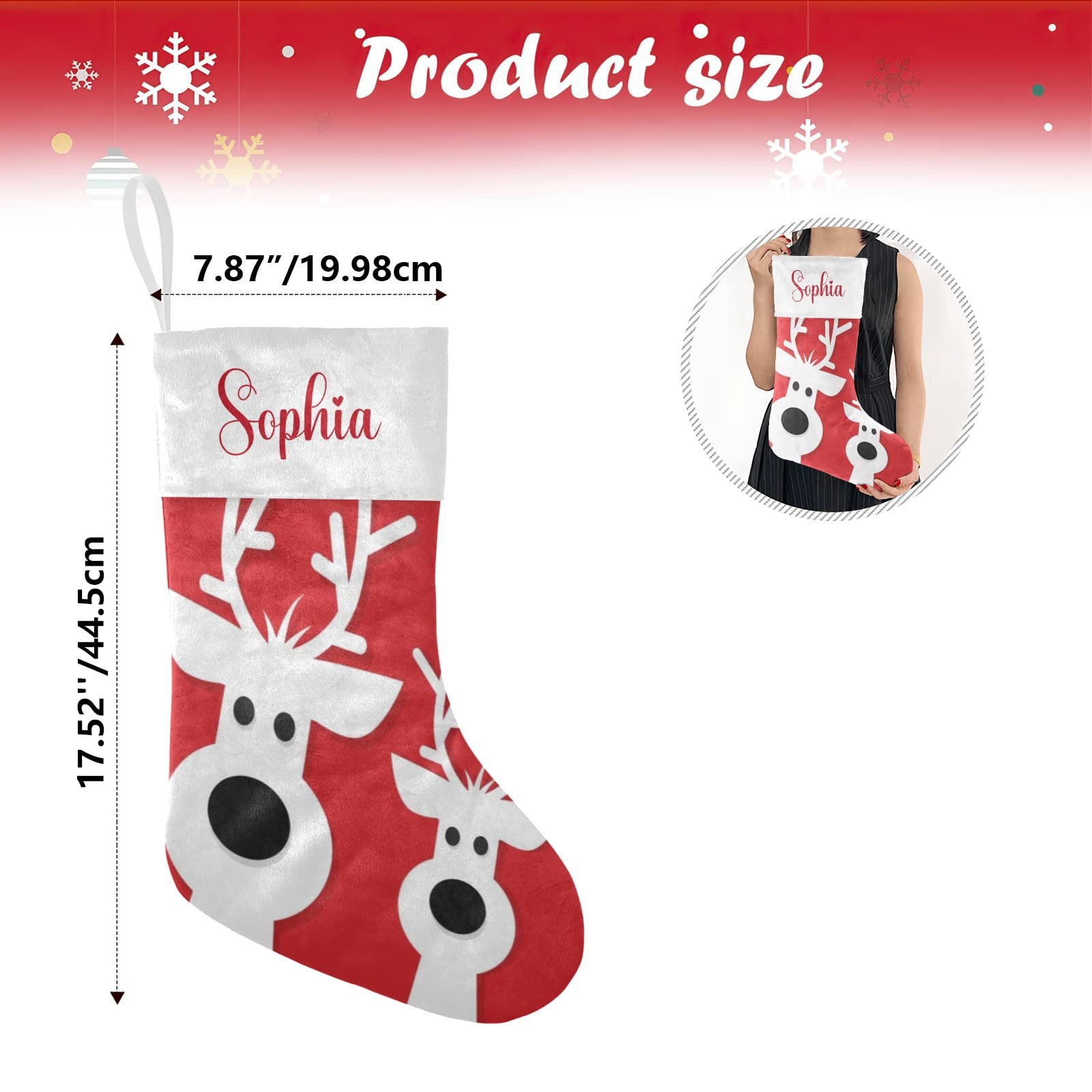 Personalized Christmas Stockings with Name - Red Reindeer Design for Boys, Girls & Pets - 17.52 x 7.87 Inch Holiday Gift - Perfect for Fireplace Decor, Family Traditions & Festive Home Decorating