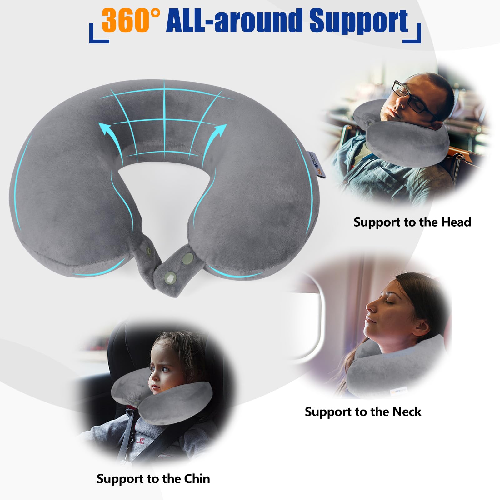 Saireider 100% Memory Foam Travel Neck Pillow - Adjustable Airplane Pillow for Neck Support, Prevents Head from Falling Forward - Perfect for Long Flights, Road Trips & Office Naps (Grey)