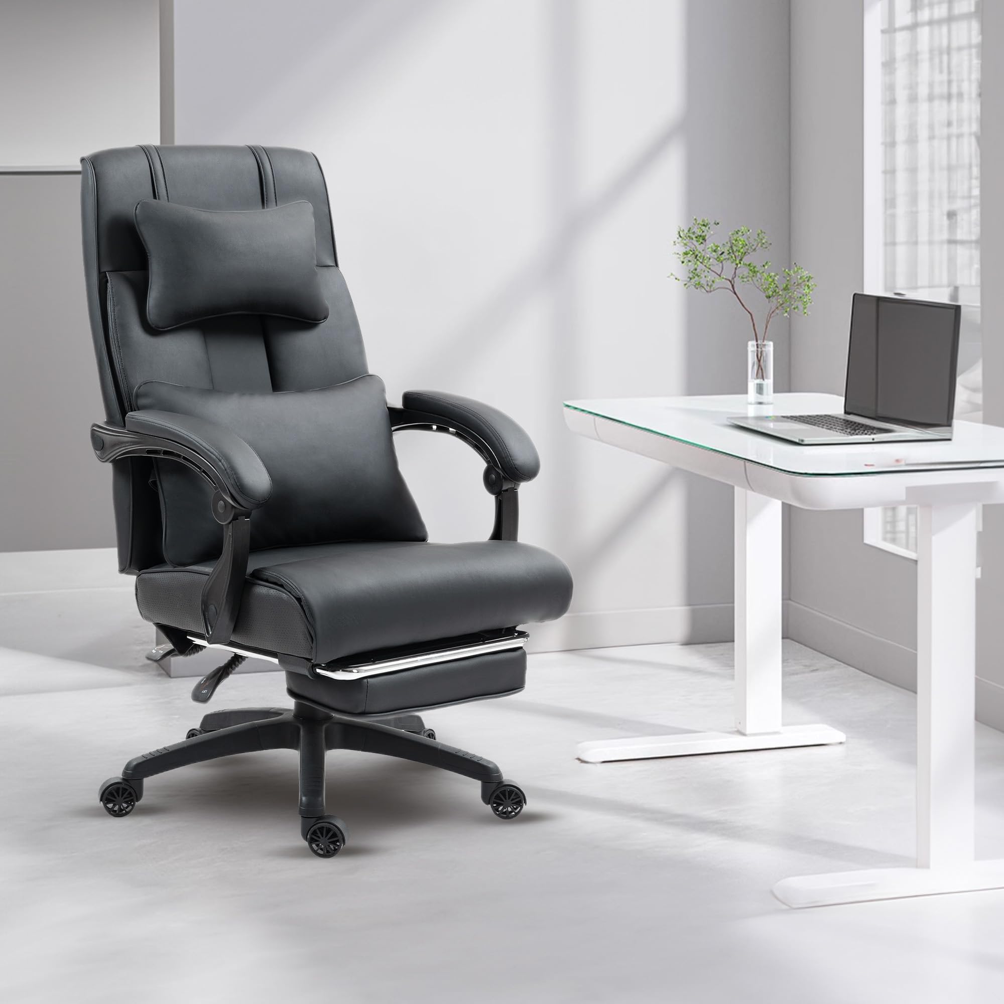 Dowinx Big and Tall Executive Office Chair - Ergonomic High Back Leather Computer Desk Chair with Footrest & Lumbar Support - 350LBS Capacity Swivel Reclining Gaming Chair for Home Office & Workspace - Black