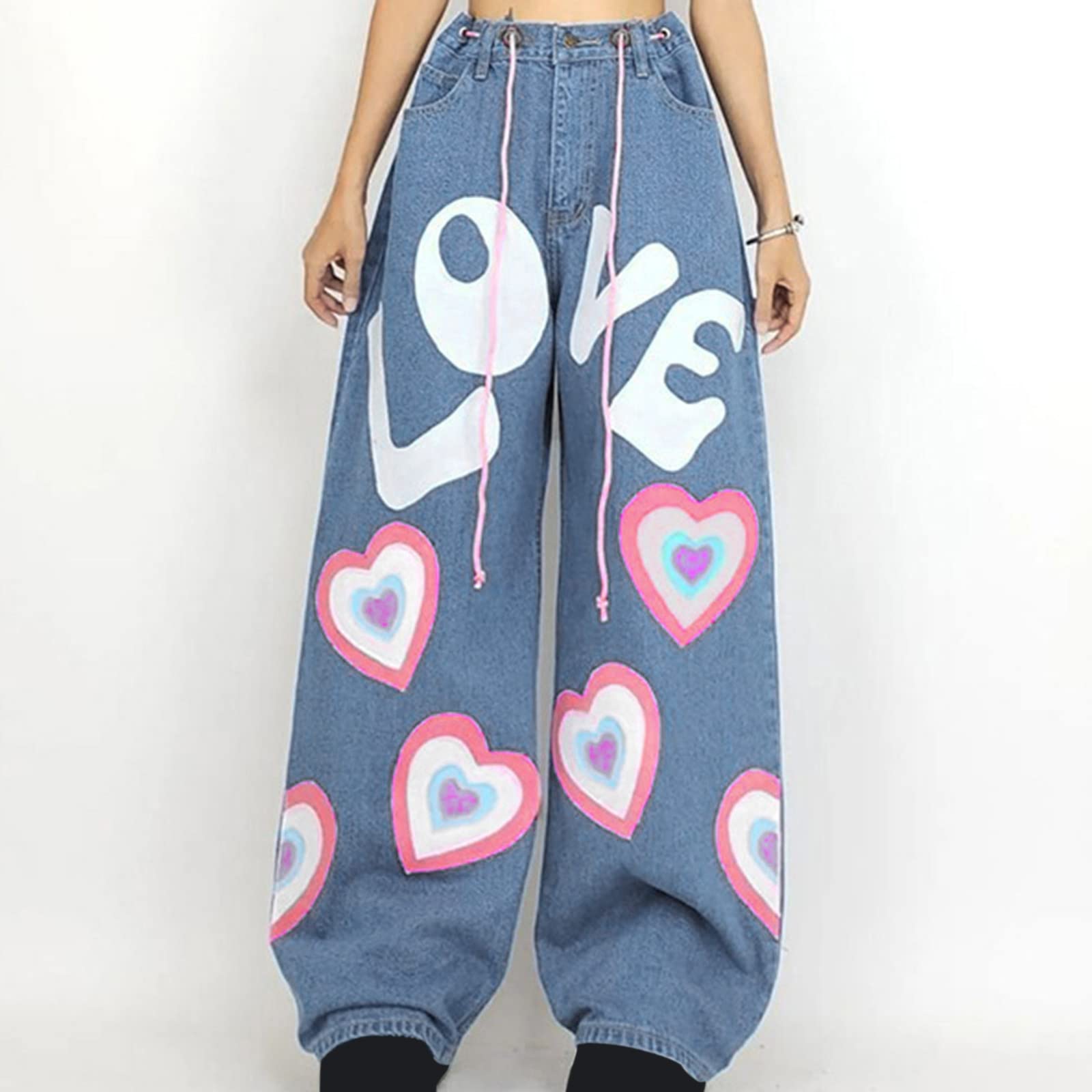 SMIDOW Women's High Waisted Star & Heart Print Denim Jeans - Y2K Vintage Straight Leg Baggy Cargo Pants for Casual Wear & Street Style Fashion