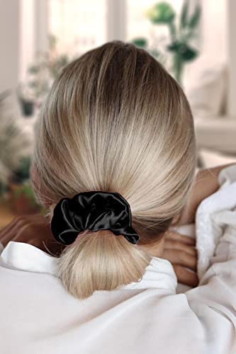 Elegant Black Satin Scrunchies for Women - Pack of 6 Hair Accessories | Perfect Gift Set for Sister, Friend, Mom | Great for Work, Gym, and Everyday Use