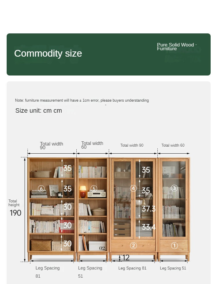 Oak Solid Wood Modern Glass Door Bookcase - Stylish Bookshelf for Living Room, Office & Library - Perfect for Home Decor & Book Storage