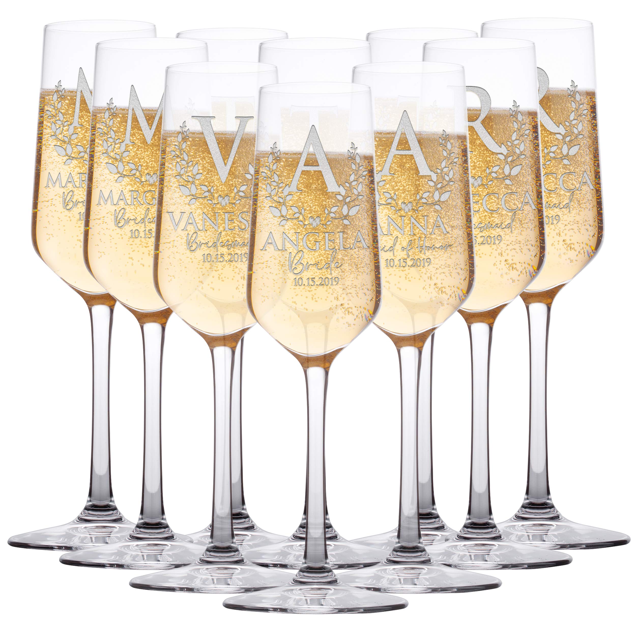 Personalized Bridesmaid Champagne Flutes Set of 10 - Custom Bridal Party Gifts for Wedding, Bachelorette & Bridal Shower - Engraved Glassware with Gift Box Option - Perfect for Toasts, Celebrations & Special Occasions