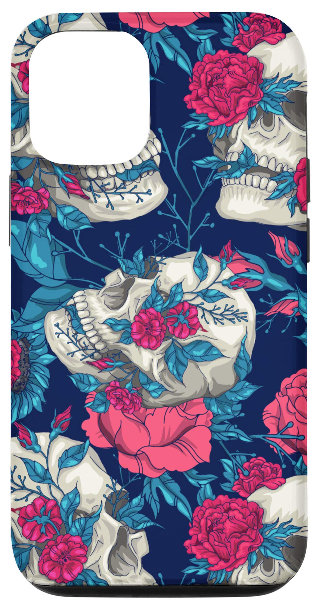 iPhone 12/12 Pro Case - Skull Floral Rose Design in Dark Blue & Pink - Protective Phone Cover for Women & Men - Perfect Gift for Birthday, Valentine's Day & Daily Use