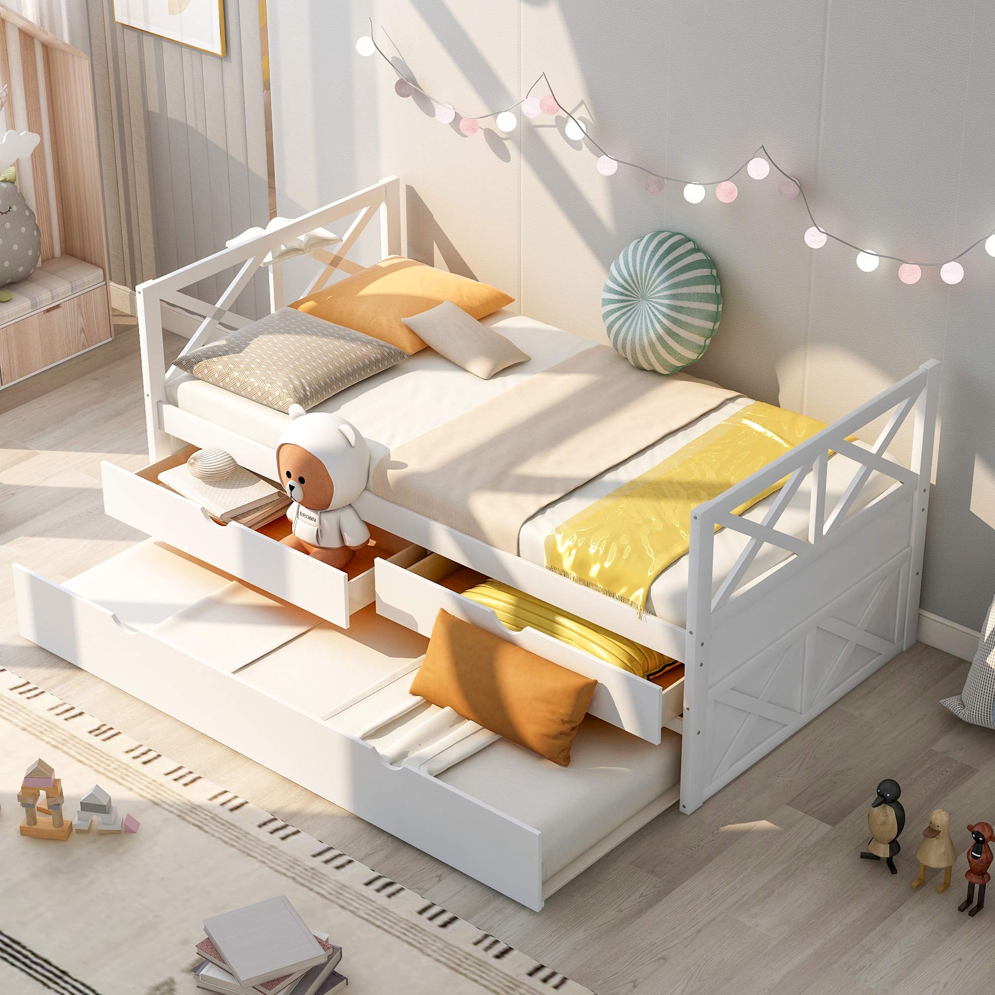 Harper & Bright Designs Twin Bed with Storage Drawers & Trundle - Solid Wood Captain's Daybed for Kids & Guest Room - White - Perfect for Small Spaces & Sleepovers
