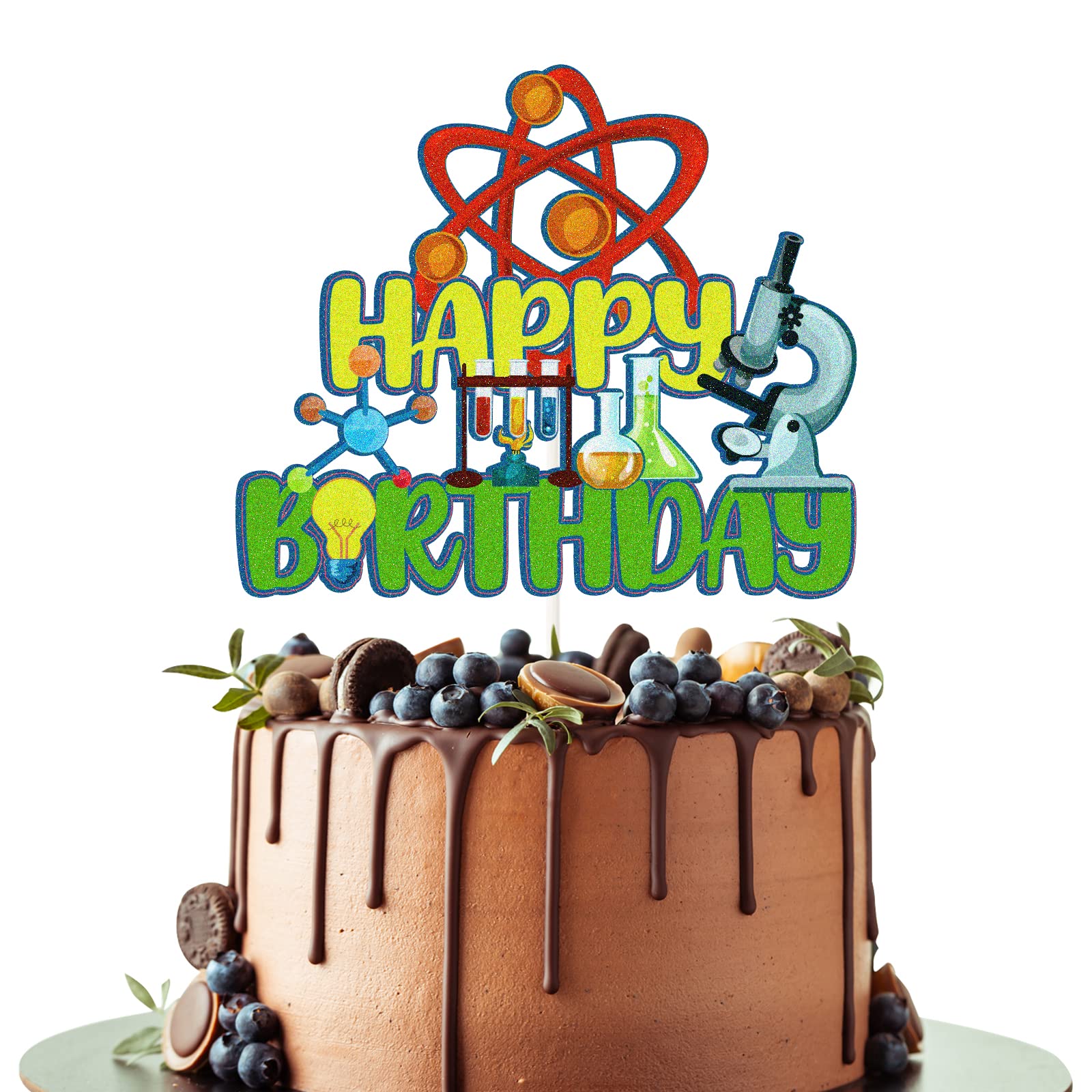 Science Theme Happy Birthday Cake Topper - Chemistry Mad Scientist Cake Decorations for Boys & Girls - Gold Party Supplies | Perfect for Birthday Cakes, Cupcakes & Science Themed Parties