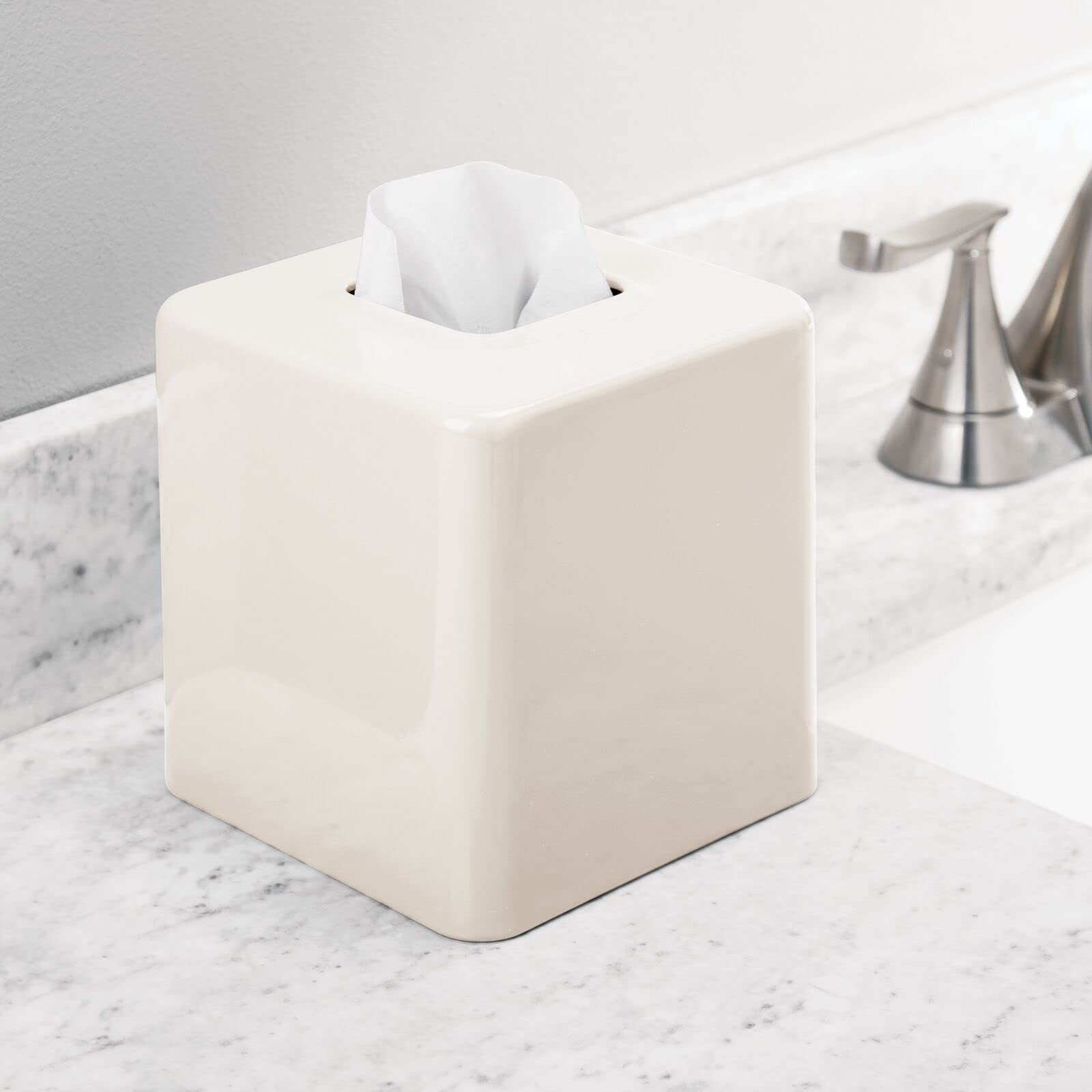 mDesign Metal Square Tissue Box Cover - Modern Facial Tissue Holder for Bathroom Vanity, Bedroom Dresser, Nightstand, Desk & Office - Unity Collection in Cream/Beige - Perfect for Home Decor & Organization