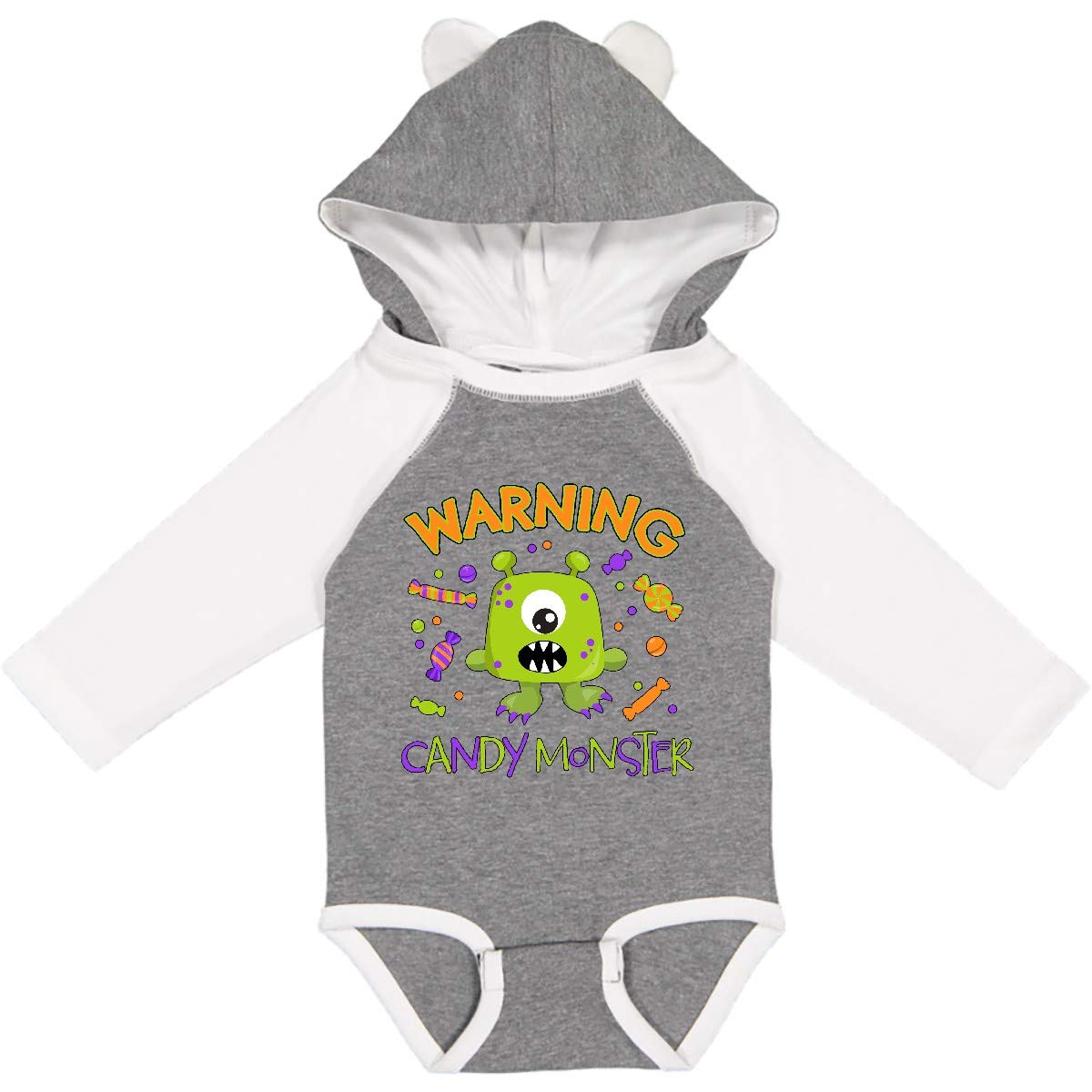 Inktastic Warning Candy Monster Graphic Cute Green Long Sleeve Baby Bodysuit - Perfect for Halloween Costumes, Birthday Gifts & Photo Shoots