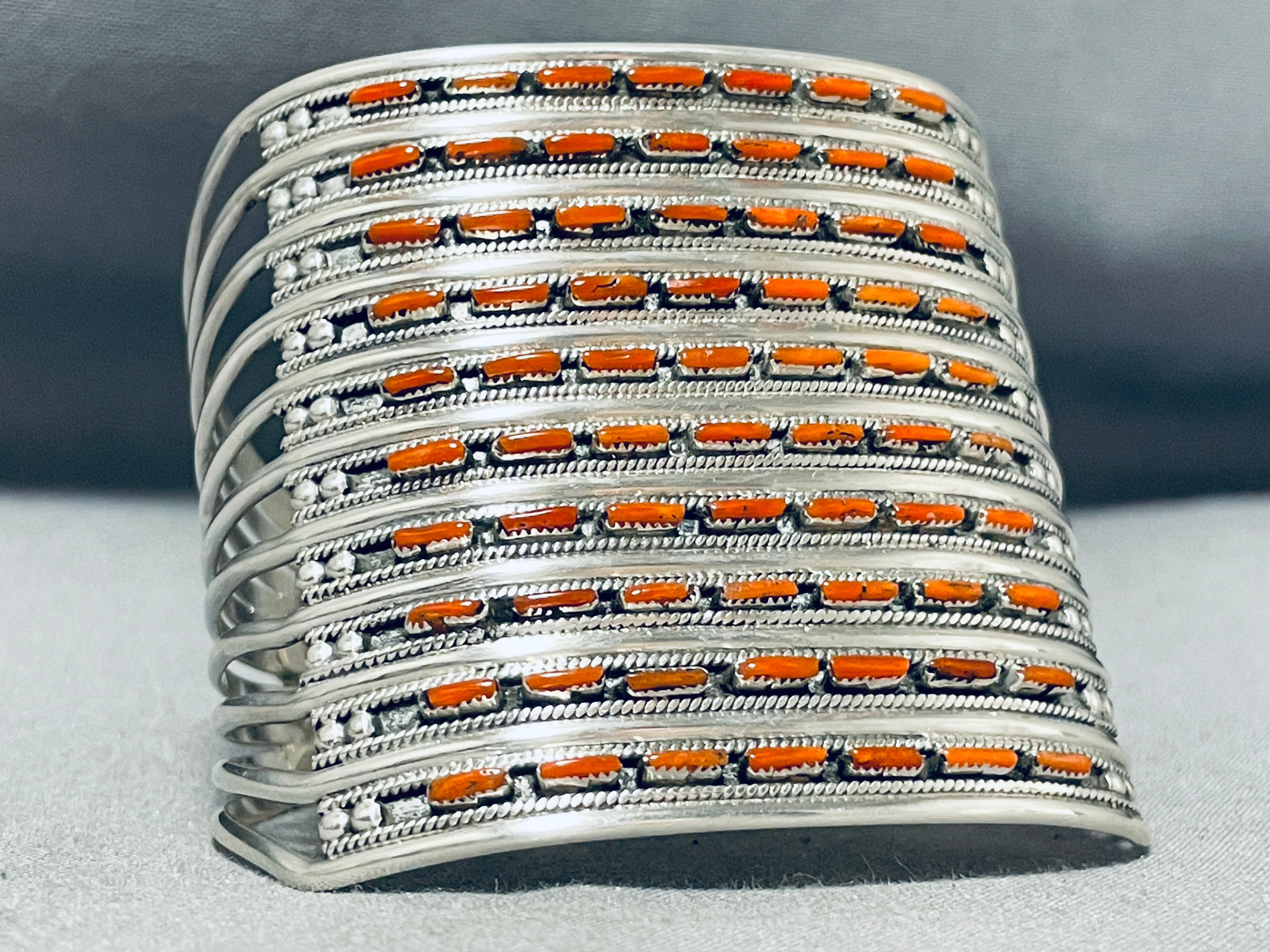 10 Story Tall Native American Coral Sterling Silver Cuff Bracelet - Handmade Southwest Jewelry for Women, Boho Fashion Accessory, Perfect for Festivals & Special Occasions