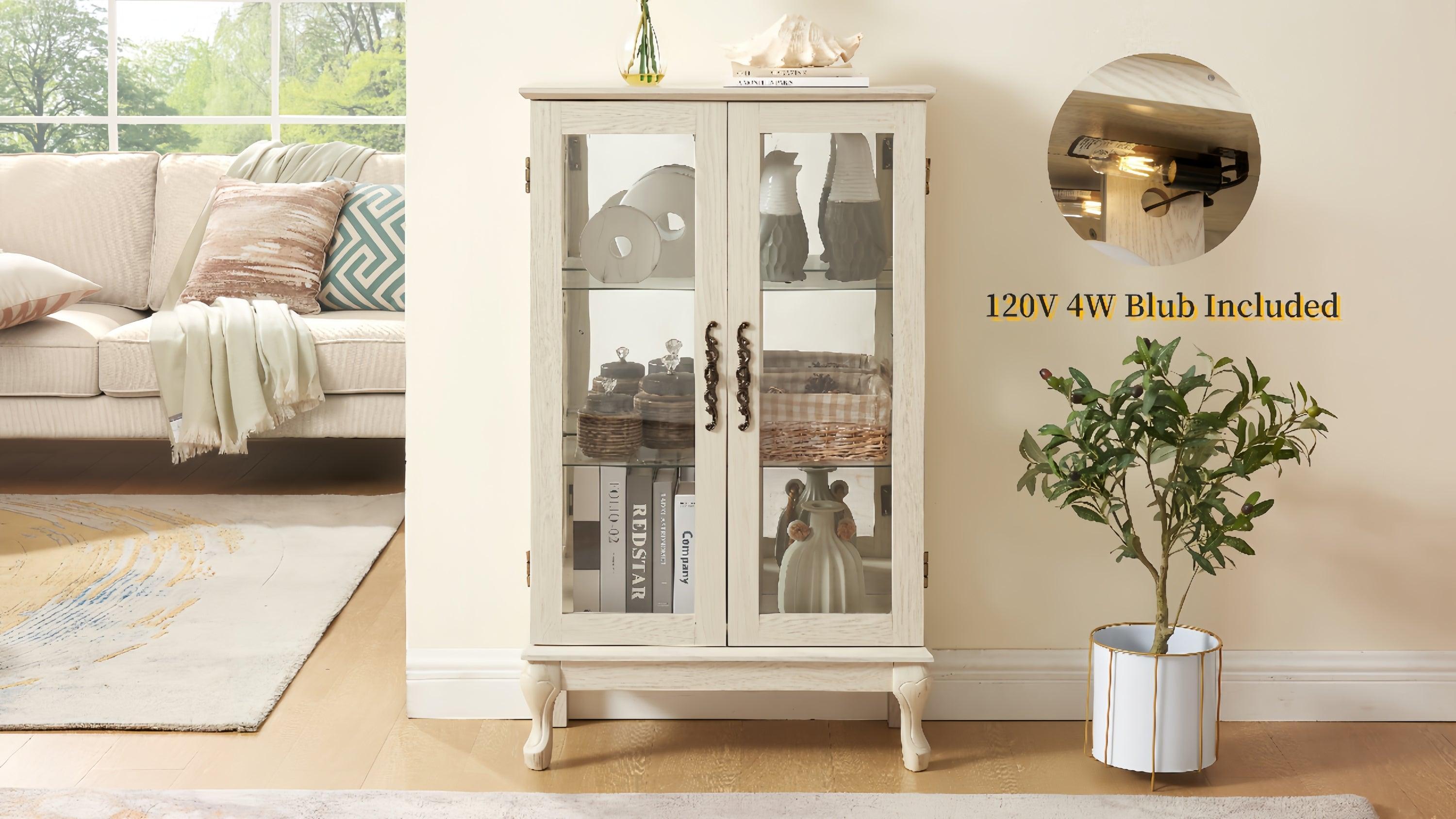 2 Door Curio Cabinet with Tempered Glass & Mirrored Back - LED Lighted Display Case for Living Room, Dining Room, Office - Showcase Collectibles, China, or Decor Items