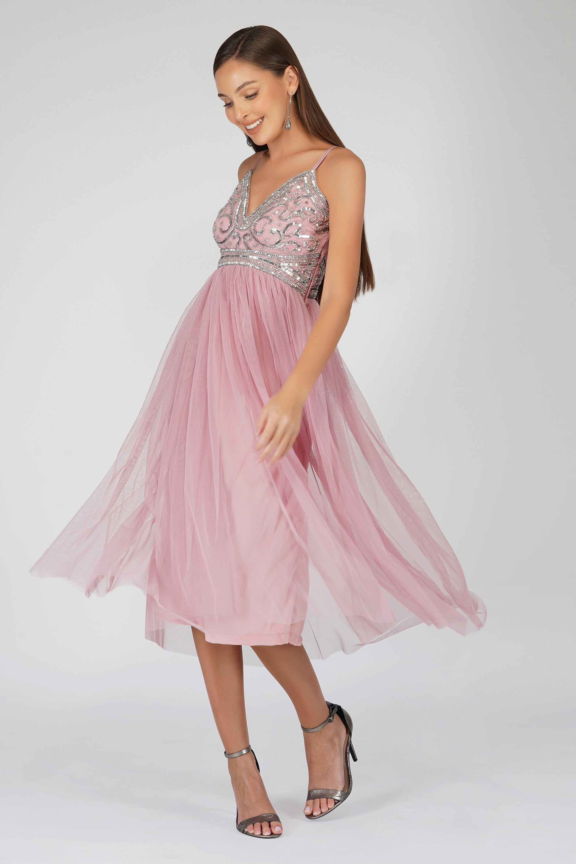 Ruhi Embellished Midi Dress in Mauve - Elegant Floral Lace Evening Gown for Women, Perfect for Weddings, Parties & Special Occasions