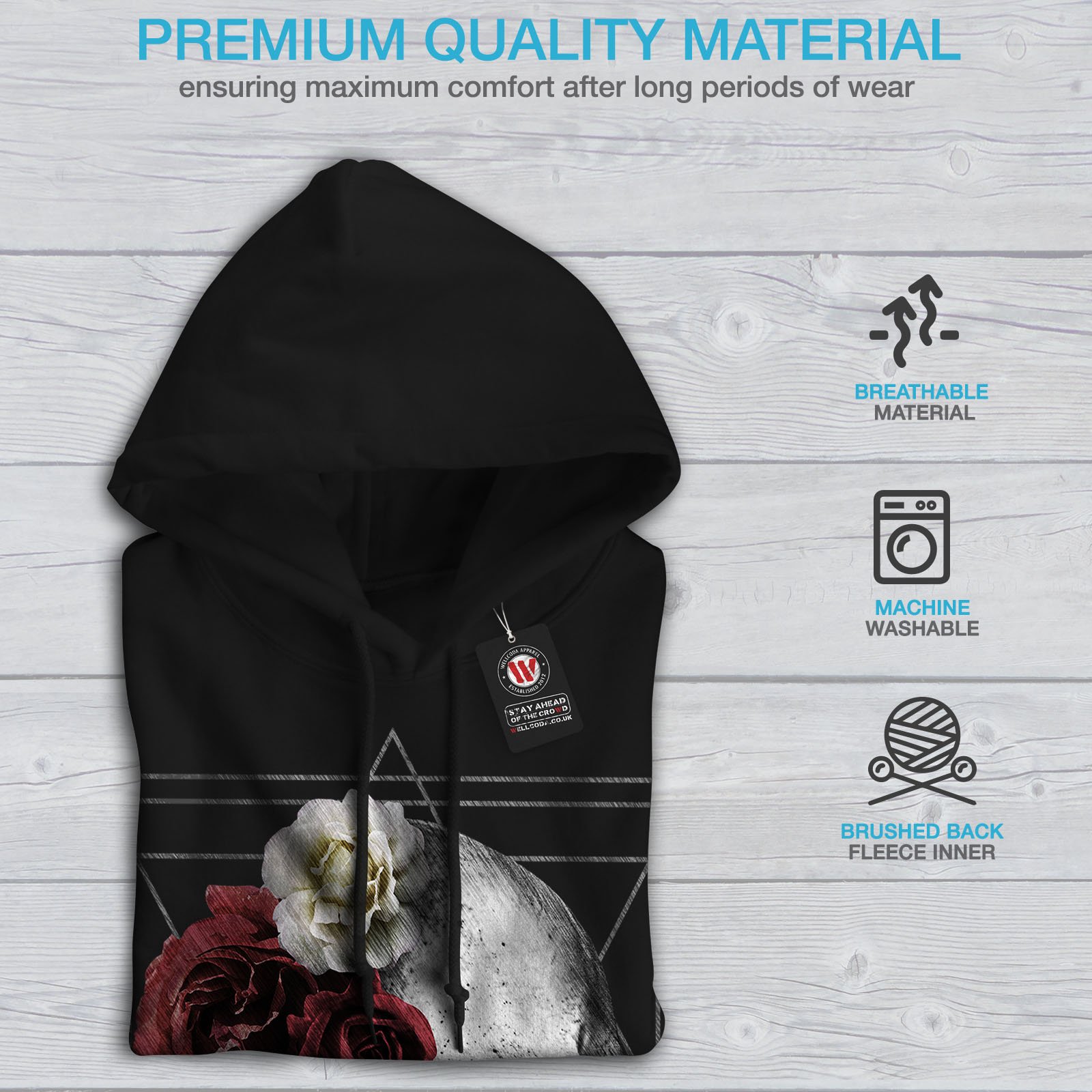 Wellcoda Skull Rose Flowers Men's Hoodie - Gothic Devil Print Pullover Sweatshirt for Casual Wear, Street Style & Halloween Costume