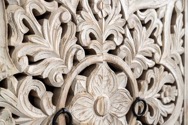 Hand Carved Whitewashed Wood Buffet Table - Unique Rustic Sideboard for Dining Room, Living Room & Farmhouse Decor