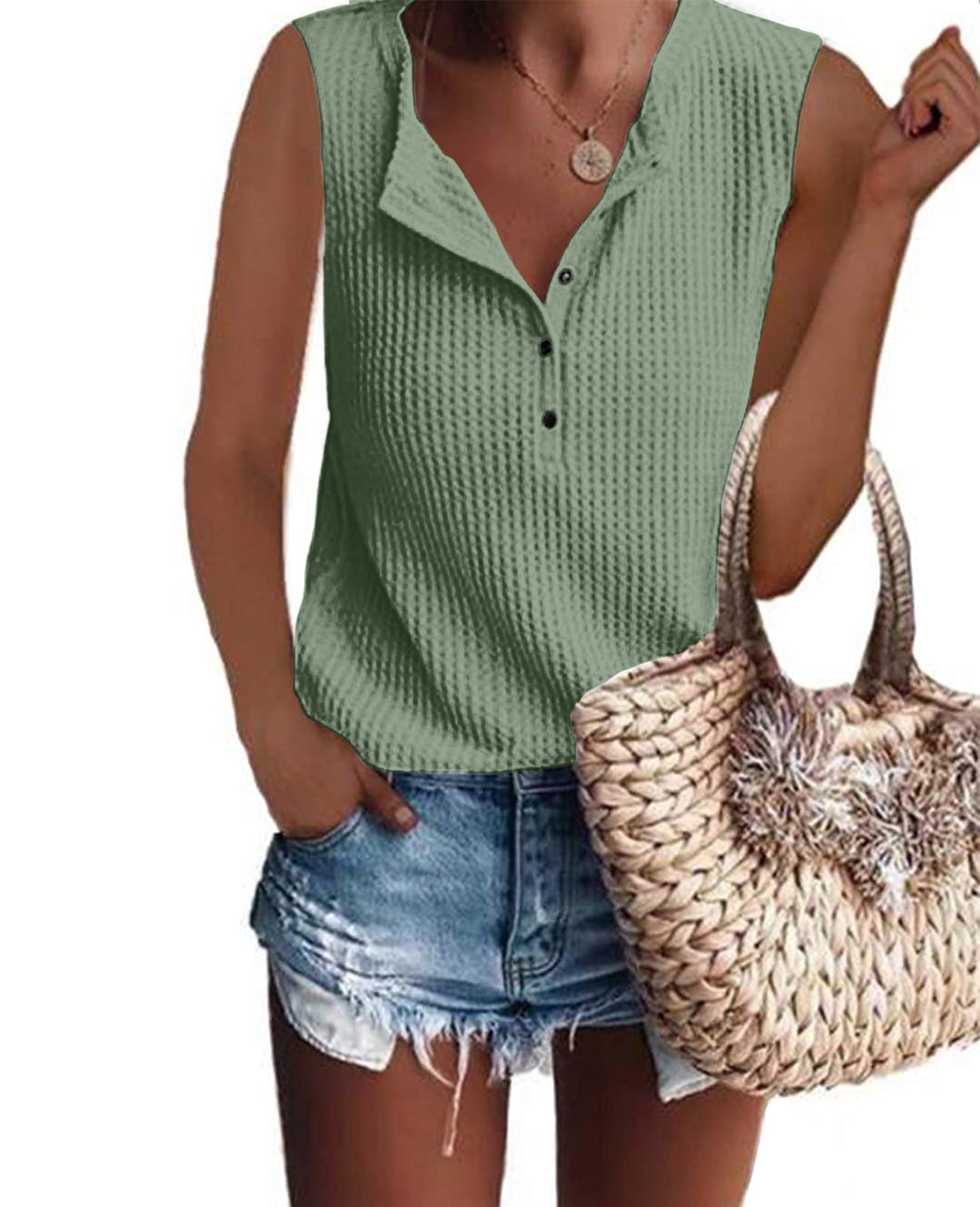 Glanzition Women's Casual V-Neck Button-Up Loose Waffle Knit Tunic Henley Shirt - Comfortable & Stylish for Everyday Wear, Work, and Weekend Outings