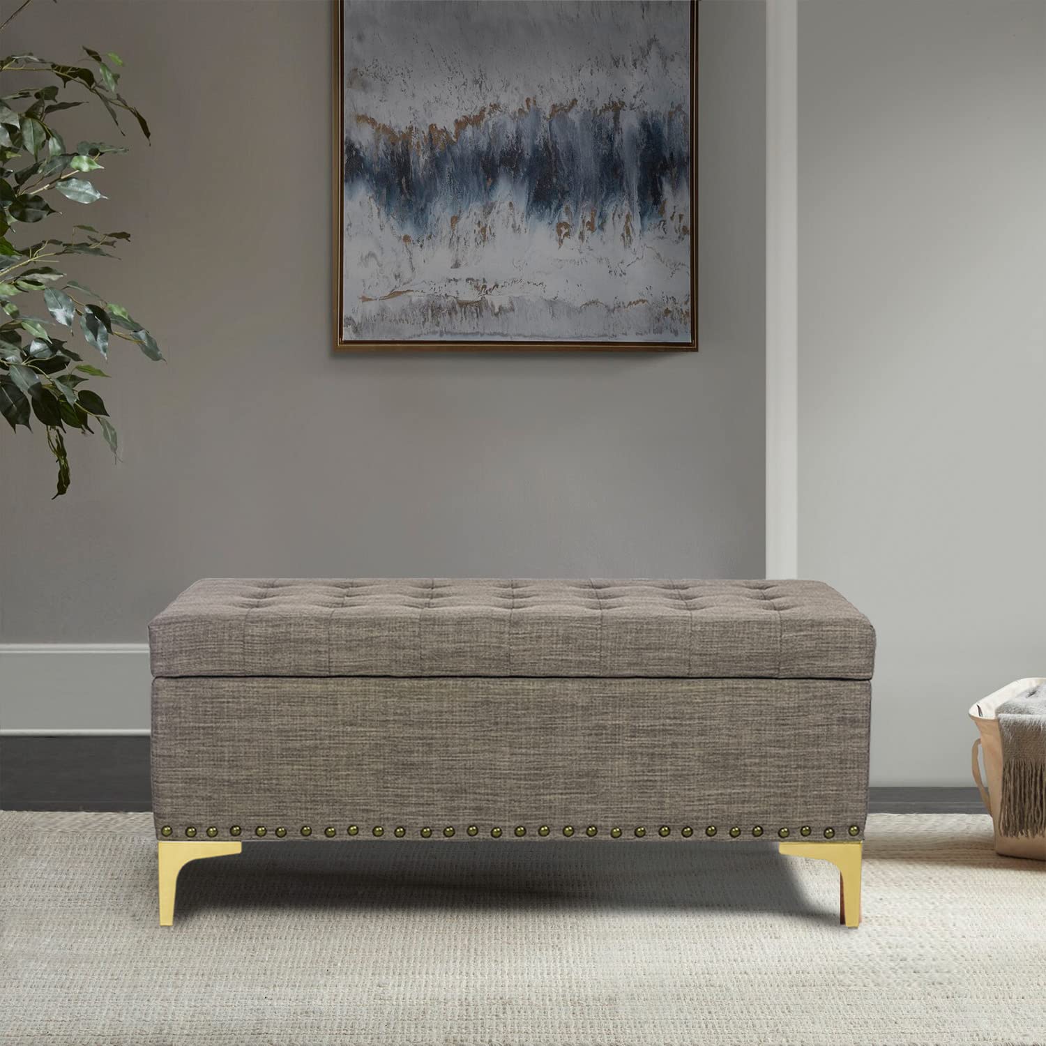 Adeco Tufted Rectangular Storage Ottoman Bench with Lift Top & Sturdy Metal Legs - Dark Grey Footstool for Living Room, Bedroom, or Entryway Storage