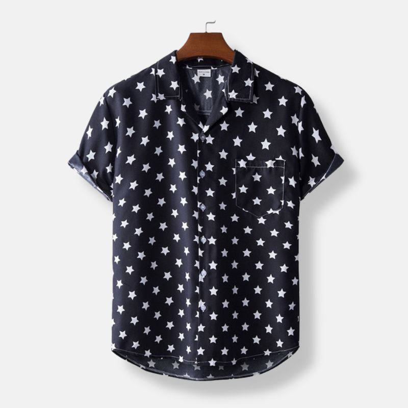 Hawaiian Star Print Short Sleeve Shirt for Men - Black Tropical Vacation Shirt - Casual Beachwear for Summer, Luau Party & Island Getaways