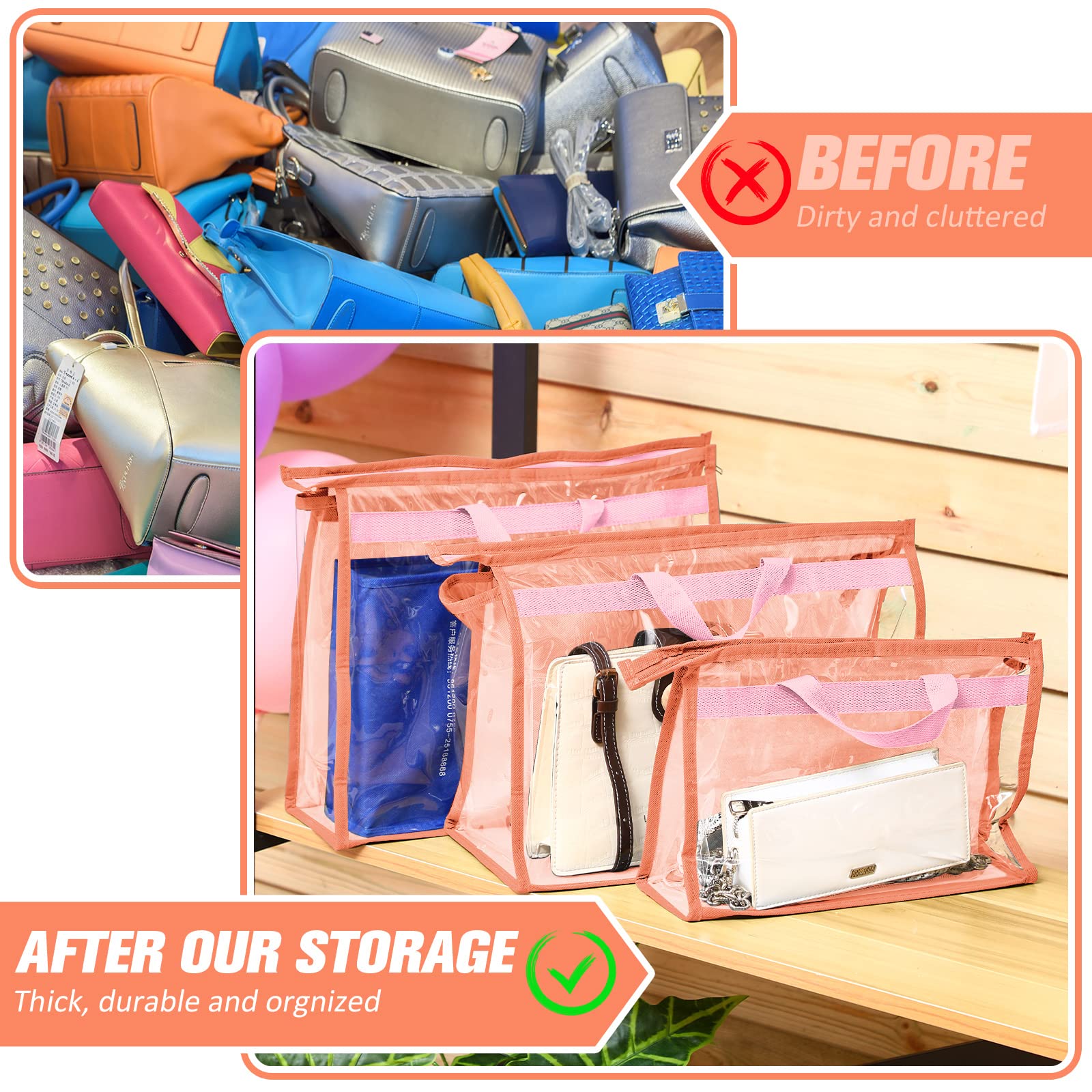 Shappy 15-Piece Clear Dust Cover Organizer Bags for Handbags & Purses - 3 Sizes (5 Each) with Zipper & Handles - Pink Handbag Storage Bags for Closet Organization | Perfect for Travel, Home Storage & Luxury Bag Protection