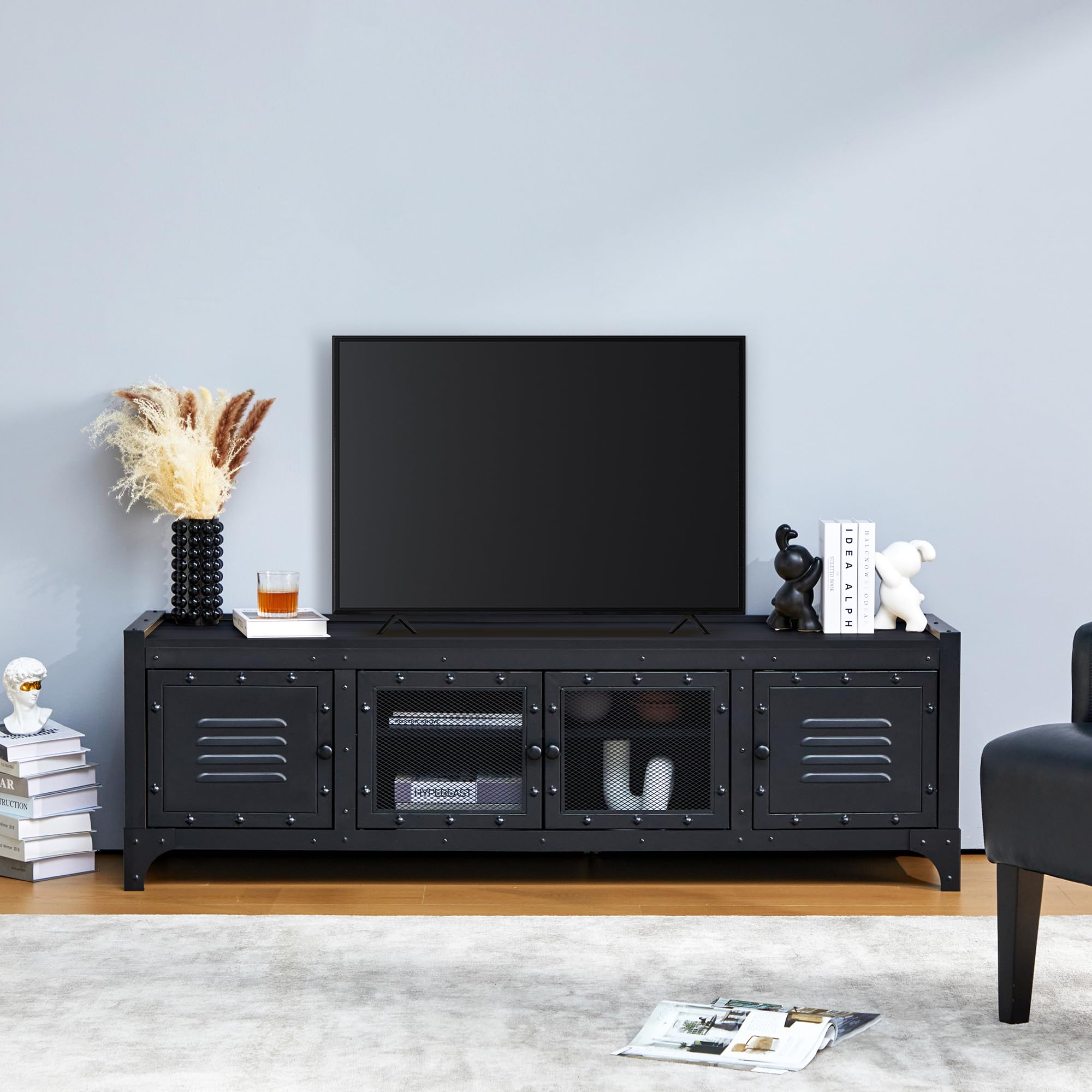 PHOYAL 65 Inch TV Stand - Industrial Retro TV Cabinet with Storage, Entertainment Center & Media Console for Living Room, Bedroom - Rustic Black TV Stand for Flat Screens up to 65