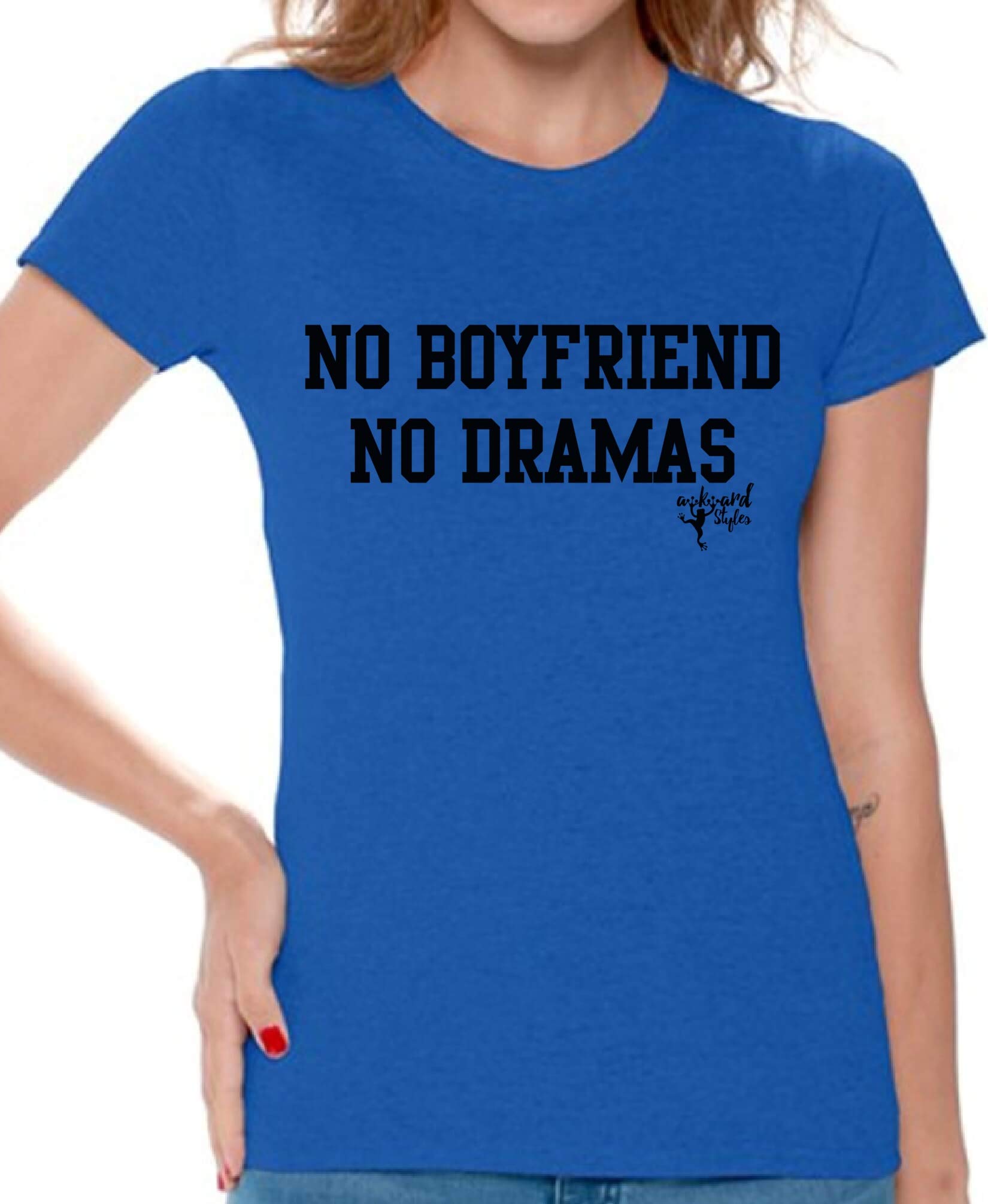 Awkwardstyles Women's Funny No Boyfriend No Drama Graphic Tee - Black Humor T-Shirt with Free Bookmark - Perfect for Casual Wear, Girls Night Out & Gift Giving