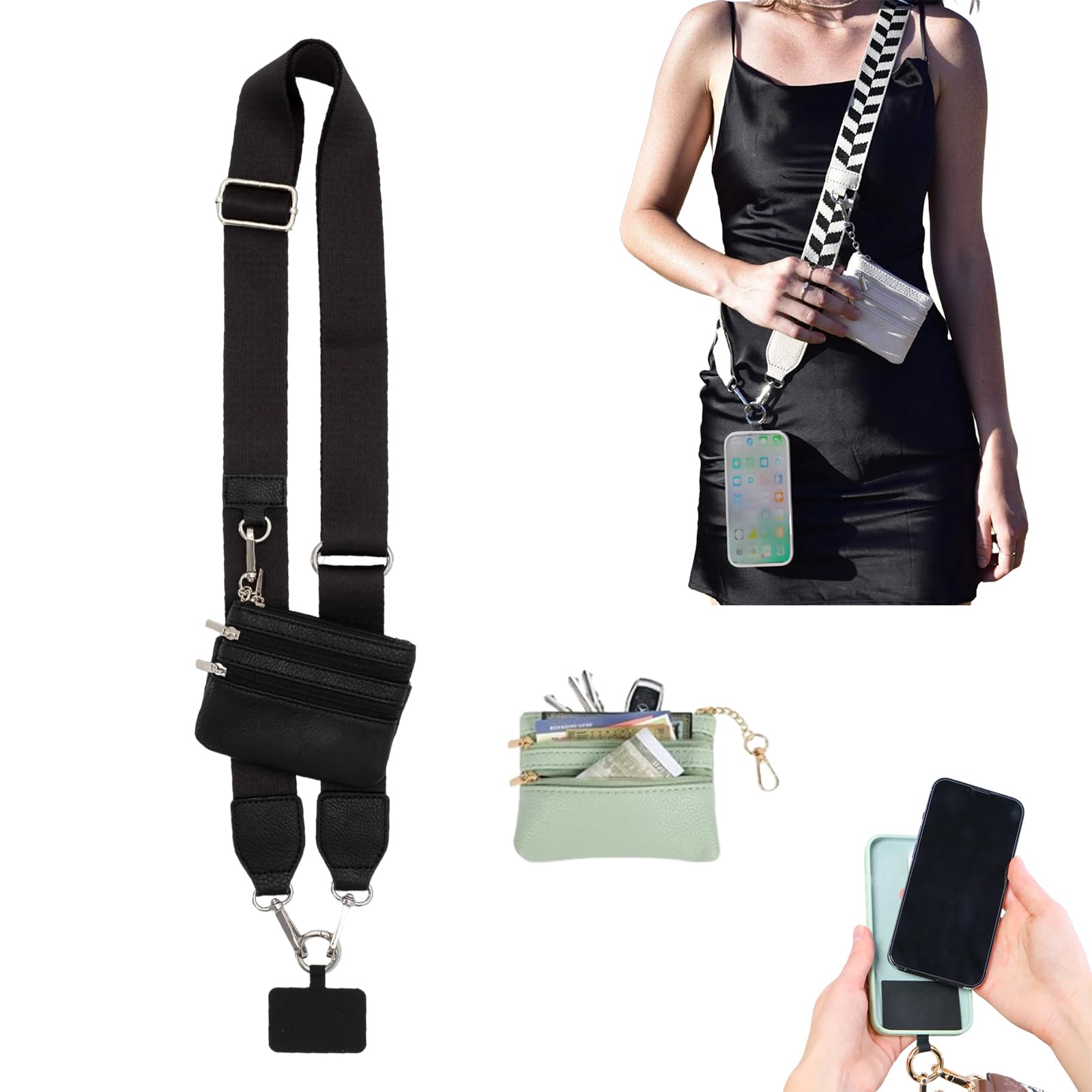 Phone Strap with Zippered Pouch & Clip - Hands-Free Crossbody Wallet Strap for Smartphones (Black) | Perfect for Travel, Shopping & Outdoor Activities