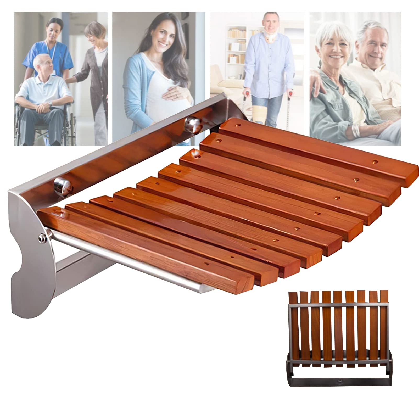 Foldable Shower Chair with Wall Mount - Sturdy Solid Wood Shower Seat for Adults & Kids - Compact Folding Design (326x137x270mm) - Perfect for Small Bathrooms, Elderly Safety, and Entryway Shoe Changing Stool