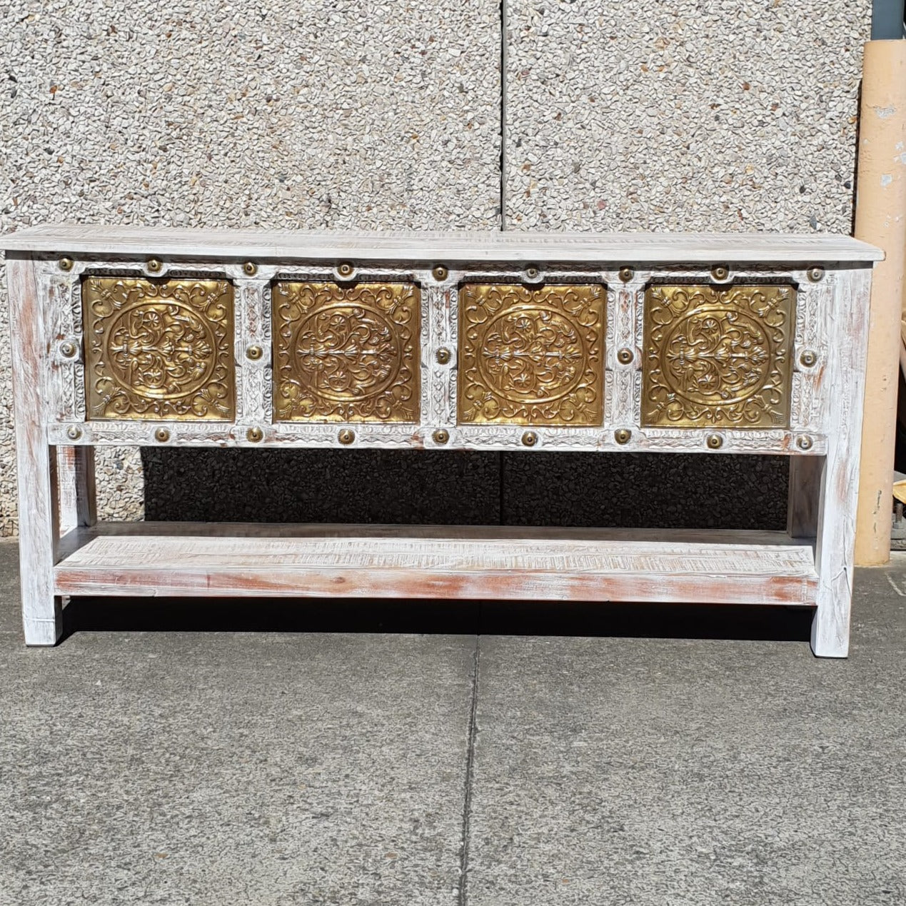 Handmade Carved Solid Hardwood Console Table with Brass Fittings - Elegant Entryway Furniture for Living Room, Hallway & Foyer Decor
