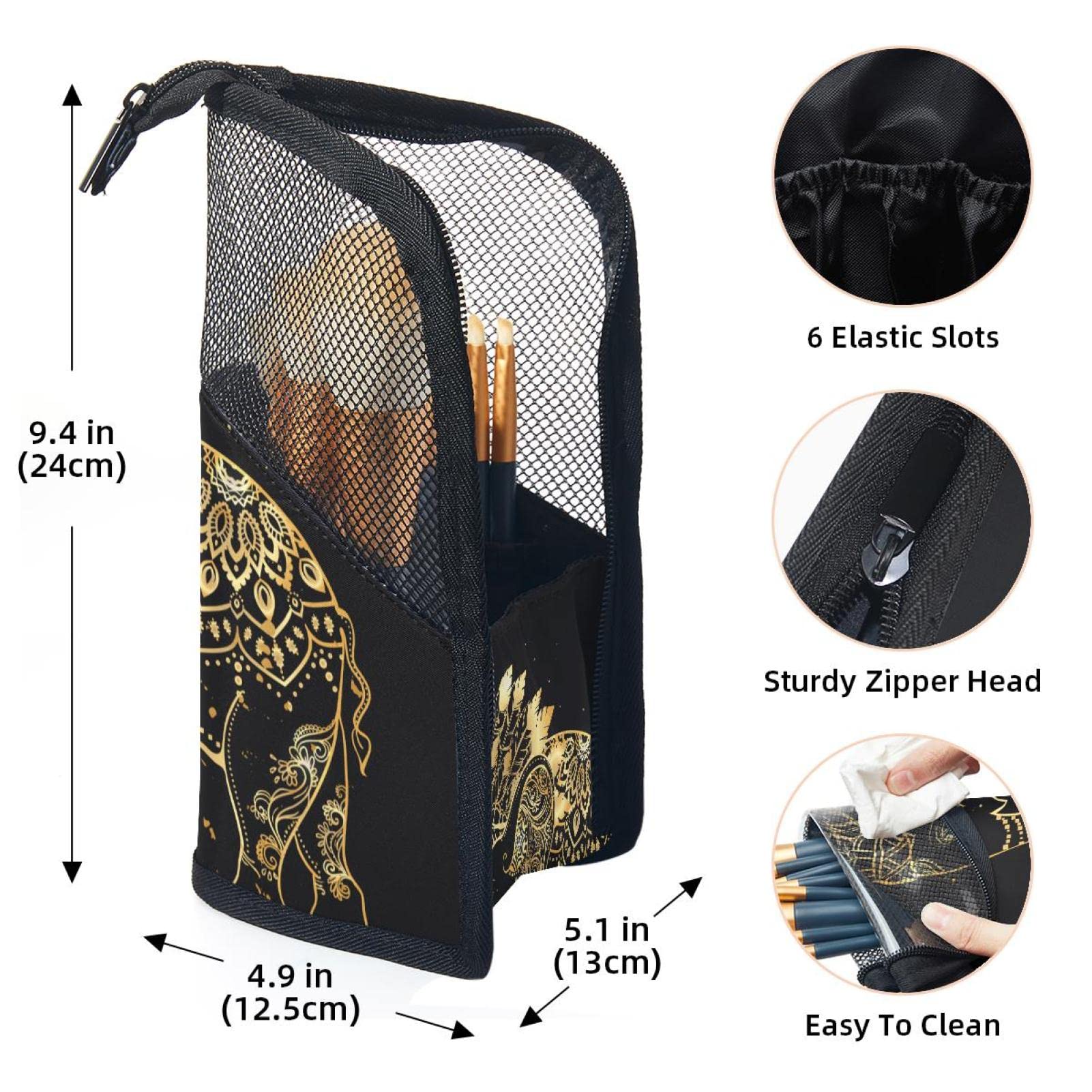 12-Piece Makeup Brush Organizer Bag with Gold Elephant Mandala Design - Portable Cosmetic Brush Holder Case for Travel & Home Storage | Perfect for Makeup Artists & Beauty Enthusiasts