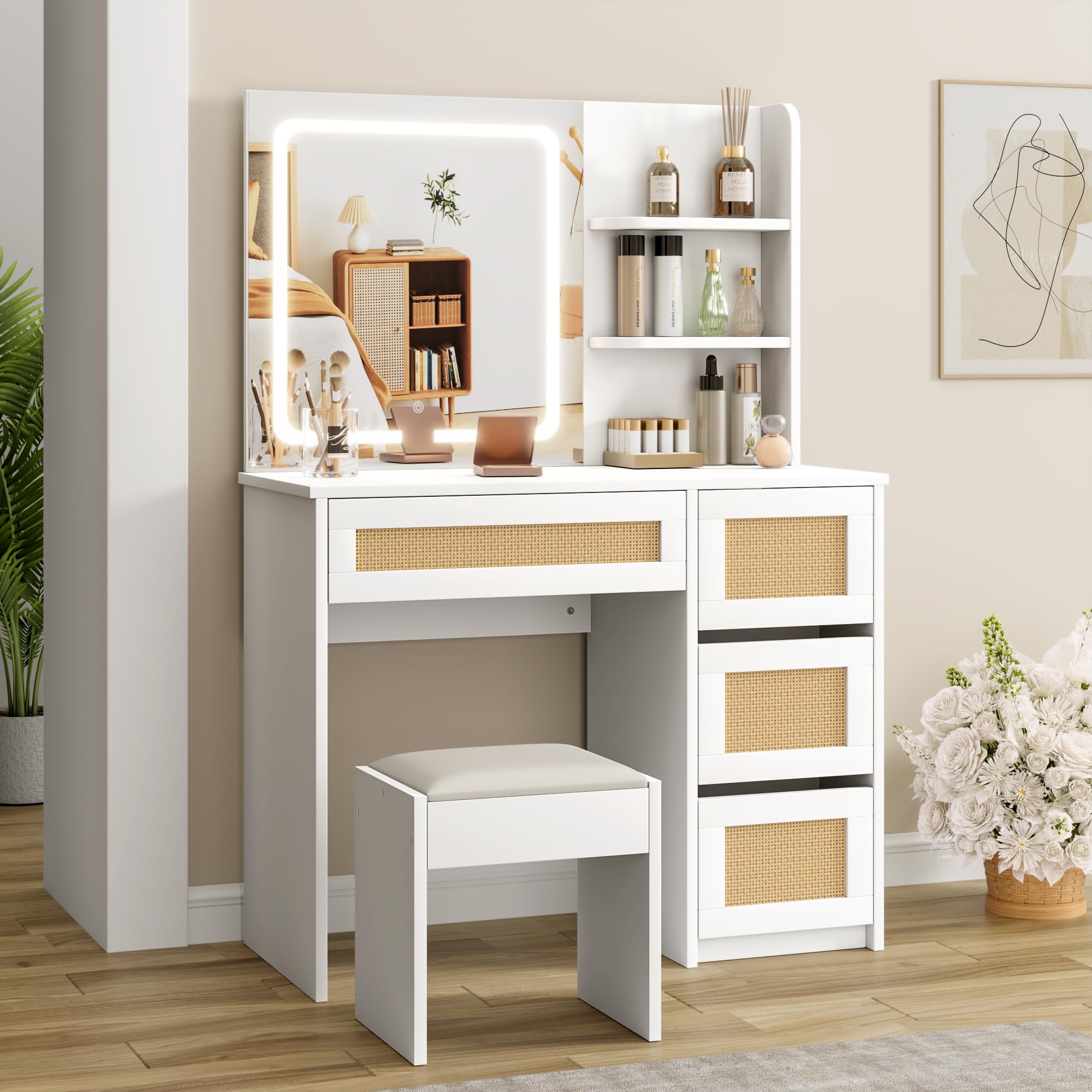 GAOMON White Rattan Makeup Vanity Desk with Mirror & LED Lights - 4 Drawers & 3-Tier Open Shelves for Storage - Boho Style Vanity Table for Bedroom, Dressing Room & Beauty Salon - Perfect for Makeup Organization & Home Decor