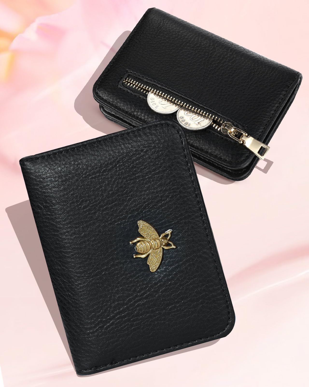 Stylish RFID Blocking Leather Credit Card Holder Wallet for Women - Cute Bee Print Accordion Purse with Zipper - Perfect for Teens & Ladies (Small/Medium) - Ideal for Everyday Use, Travel & Gift Giving