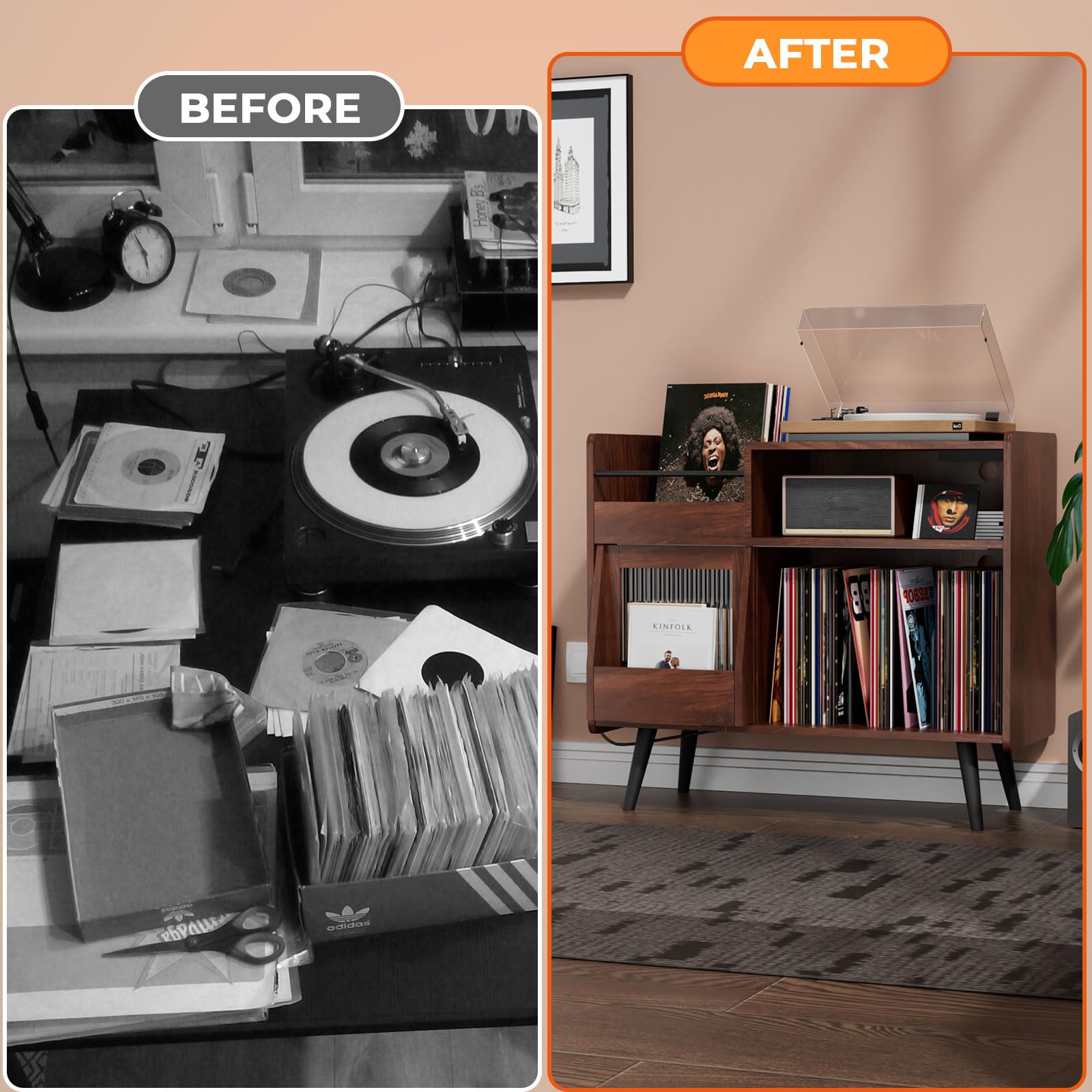 Large Wooden Record Player Stand with 350 Vinyl Storage, Turntable Table with Power Outlet & LED Light - Perfect for Living Room & Office Music Setup