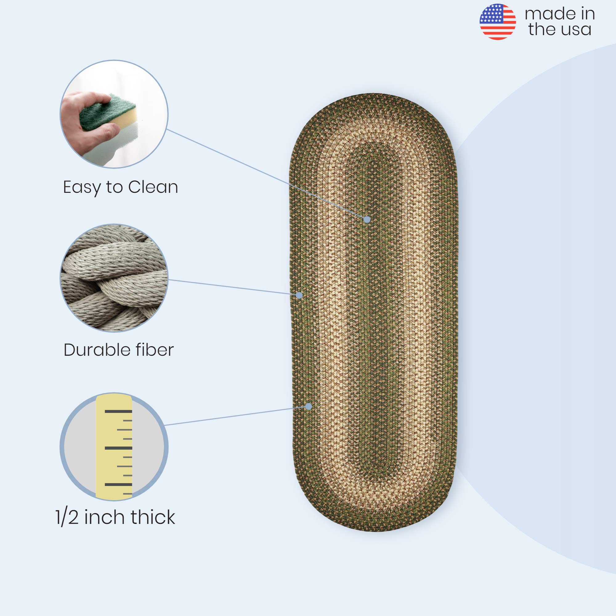 Super Soft 2' x 8' Oval Braided Area Rug - Herb Garden Design Primitive Decor for Indoor/Outdoor Use - Woven Runner Carpet Perfect for Hallways, Kitchens & Patios