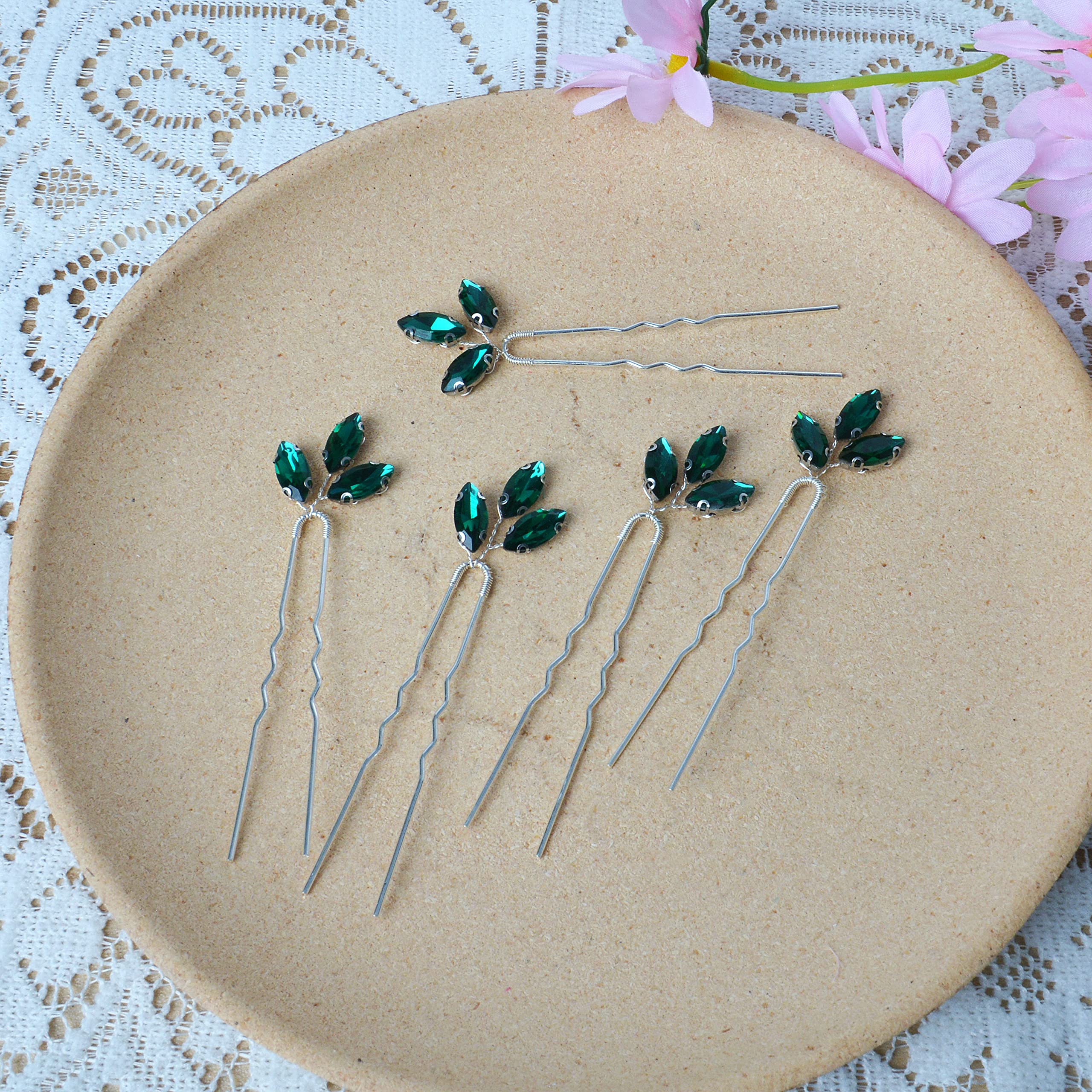 Crystal Hair Pins & Bobby Pins Set - 5 Pack Green Rhinestone Bridal Hair Accessories for Women & Girls | Wedding, Bridesmaid, Prom & Special Occasion Hairstyles