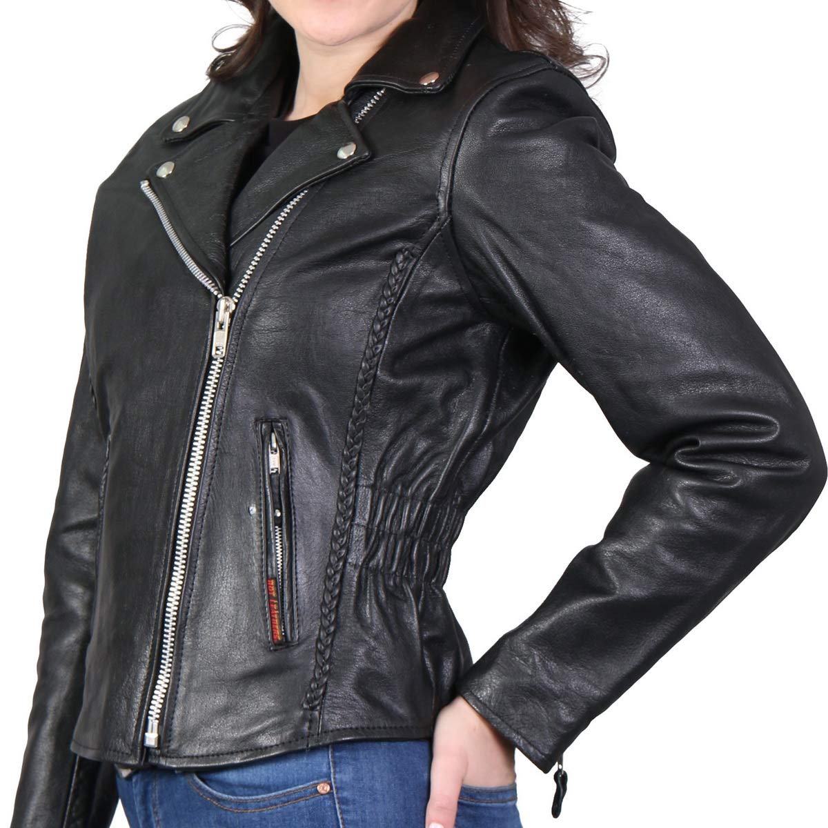 Black Leather Braided Motorcycle Jacket for Women - Stylish & Durable Riding Gear for Bikers & Outdoor Adventures