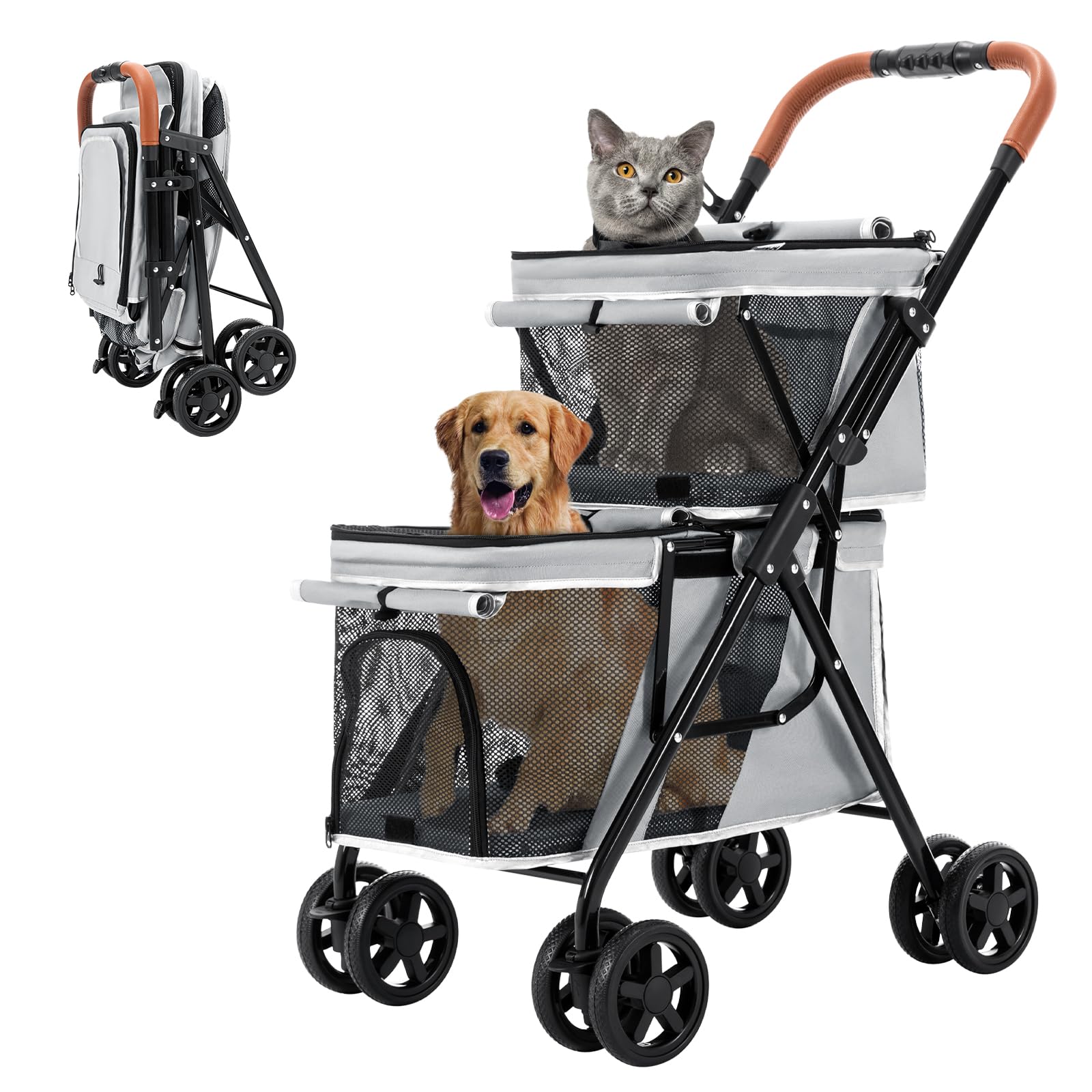 Double Pet Stroller for Dogs & Cats - Lightweight 4-Wheel Folding Travel Carrier for Small/Medium Pets (Gray) - Perfect for Park Walks, Vet Visits & Shopping Trips