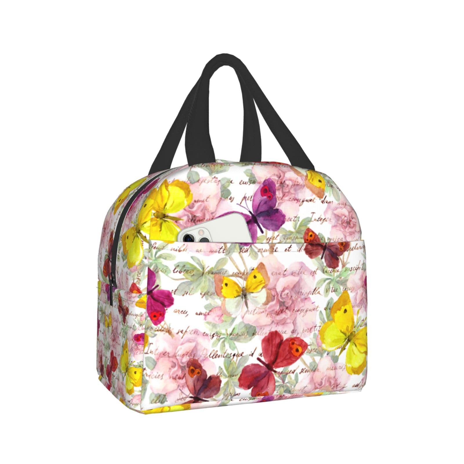 Reusable Insulated Lunch Bag with Flower Butterfly Design - Cooler Tote Organizer for Men, Women & Kids - Perfect for School, Work, Picnic, Camping & Outdoor Activities