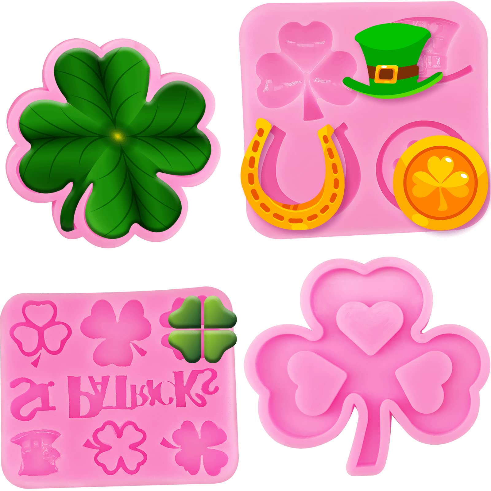4Pcs St. Patrick's Day Silicone Mold Set - Shamrock, Four-Leaf Clover, Irish Hat Fondant & Chocolate Molds for Cake, Cupcake, Soap Decorations - Perfect for DIY Baking, Candy Making & Holiday Party Treats