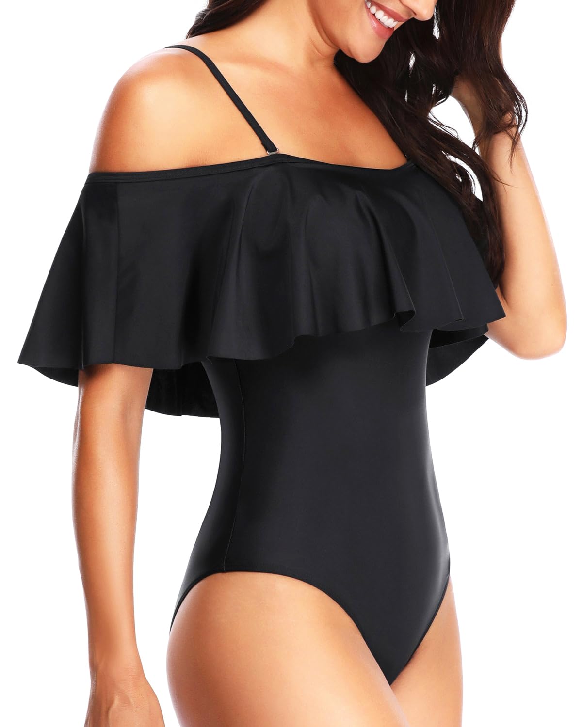 Vintage Off Shoulder Ruffled One Piece Swimsuit for Women - Beach & Pool