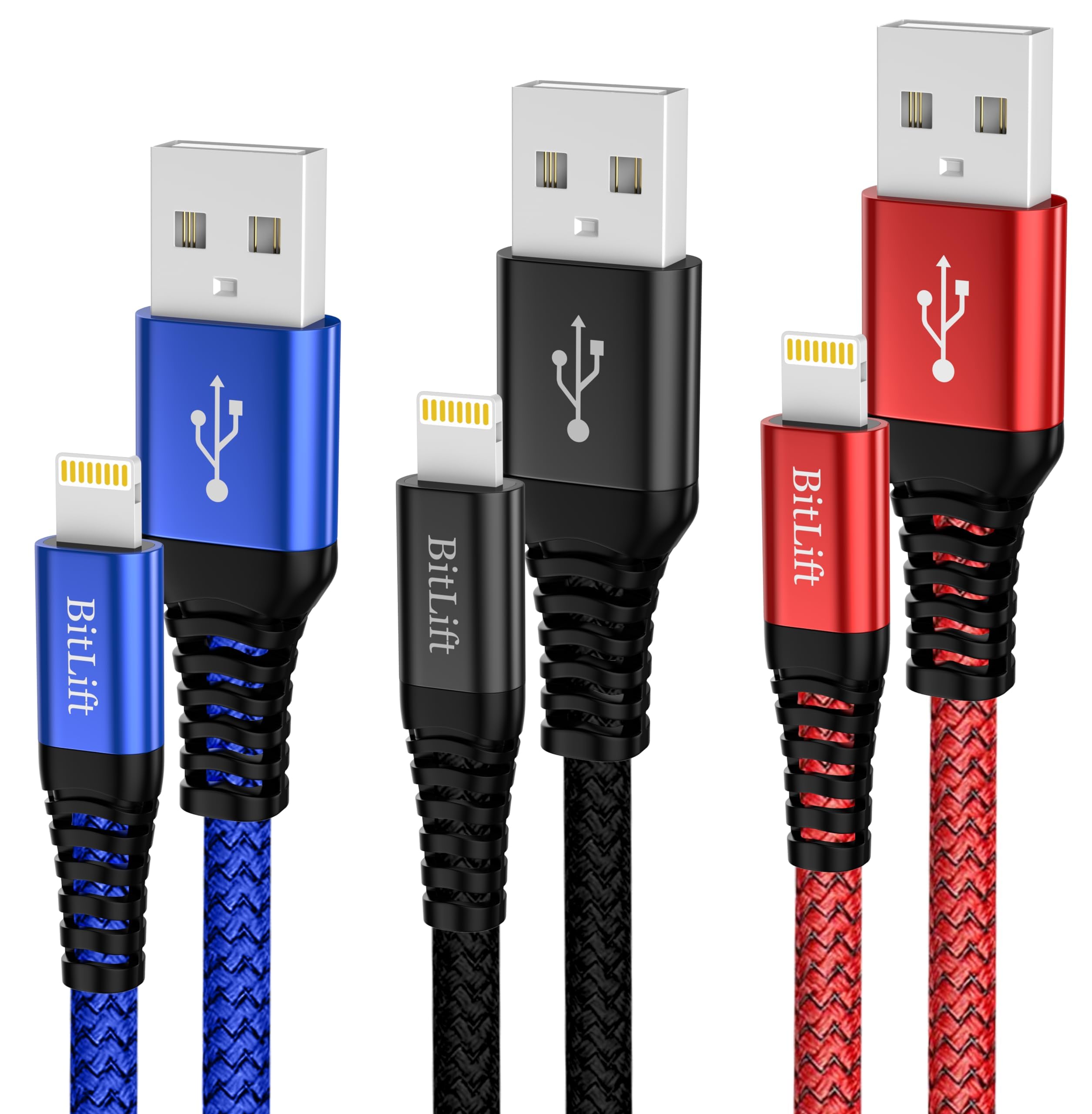 Bitlift 3-Pack 6.6ft Braided Lightning Cable - Fast Charging & Data Sync USB Cable for iPhone 14/13/12/11 Pro/Max/XR/X/8/7/6 & iPad - Durable Nylon Charger Cord for Home, Office, Car & Travel