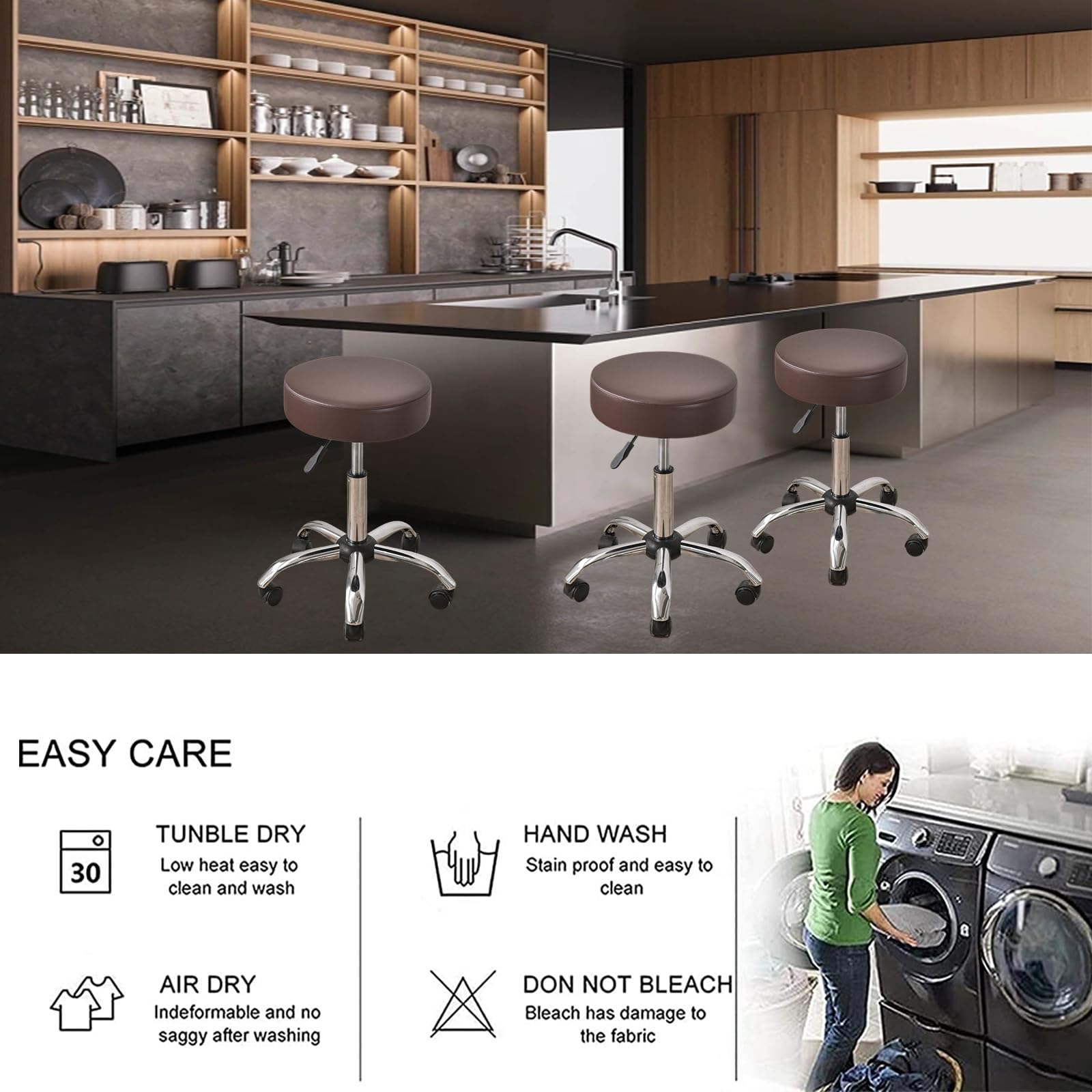 HAOYONG Waterproof PU Leather Bar Stool Covers Set of 4 - Stretchable Round Seat Cushion Covers with Non-Slip Bottom for Kitchen, Dining Room & Bar Counter - Perfect for Home Decor, Restaurant Use and Coffee Shop Seating