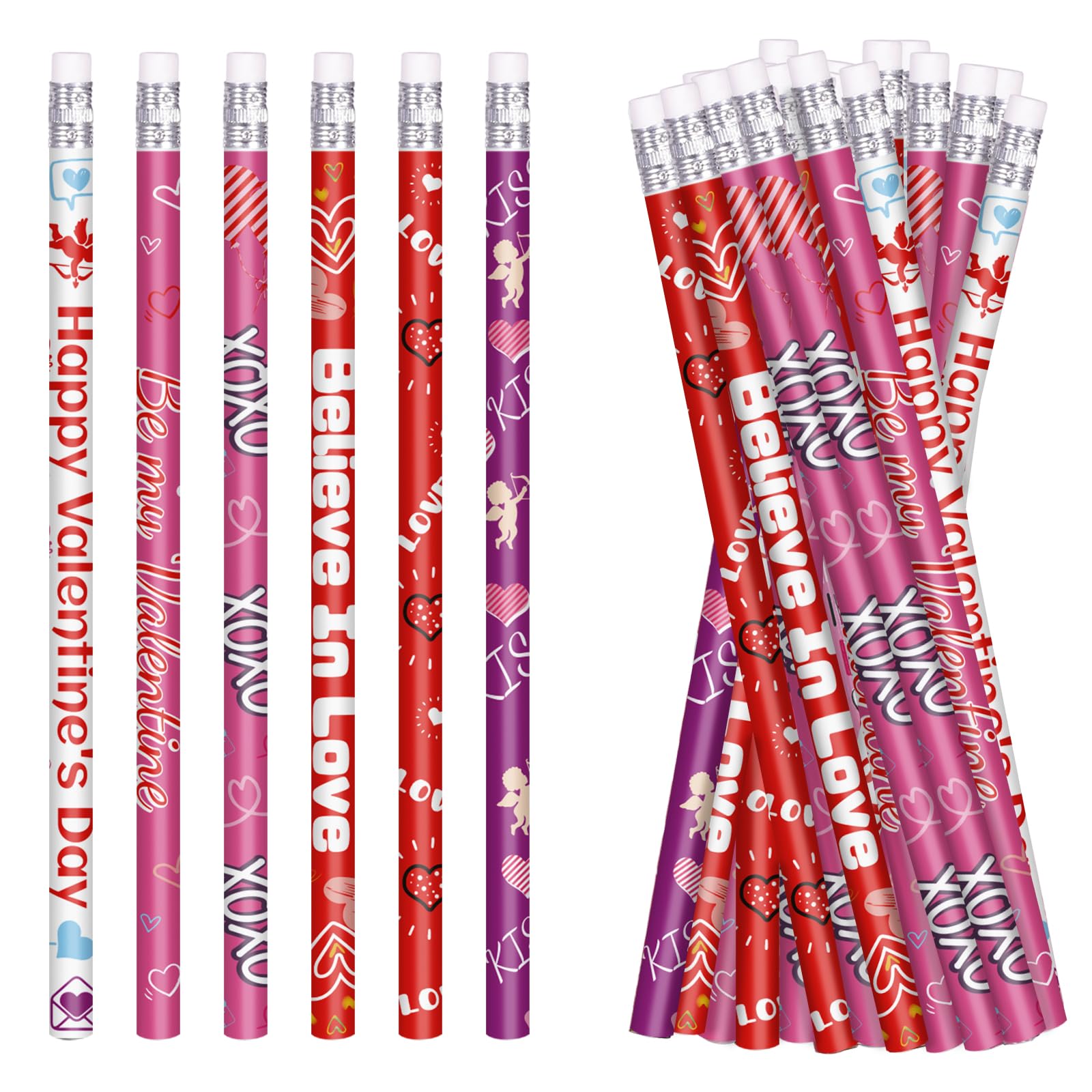 Valentine's Day Pencils Bulk - 24 Pack with Erasers, 6 Cute Styles for Teachers & Students | Perfect for Classroom Gifts, Party Favors & School Supplies