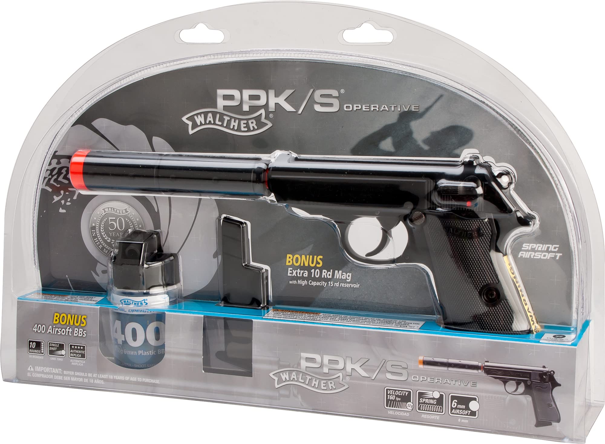 Walther PPK/S Operative Airsoft Spring Pistol Kit - Black | Combat & Training Airsoft Gun by Evike | Perfect for Target Practice, Military Simulation & Airsoft Battles