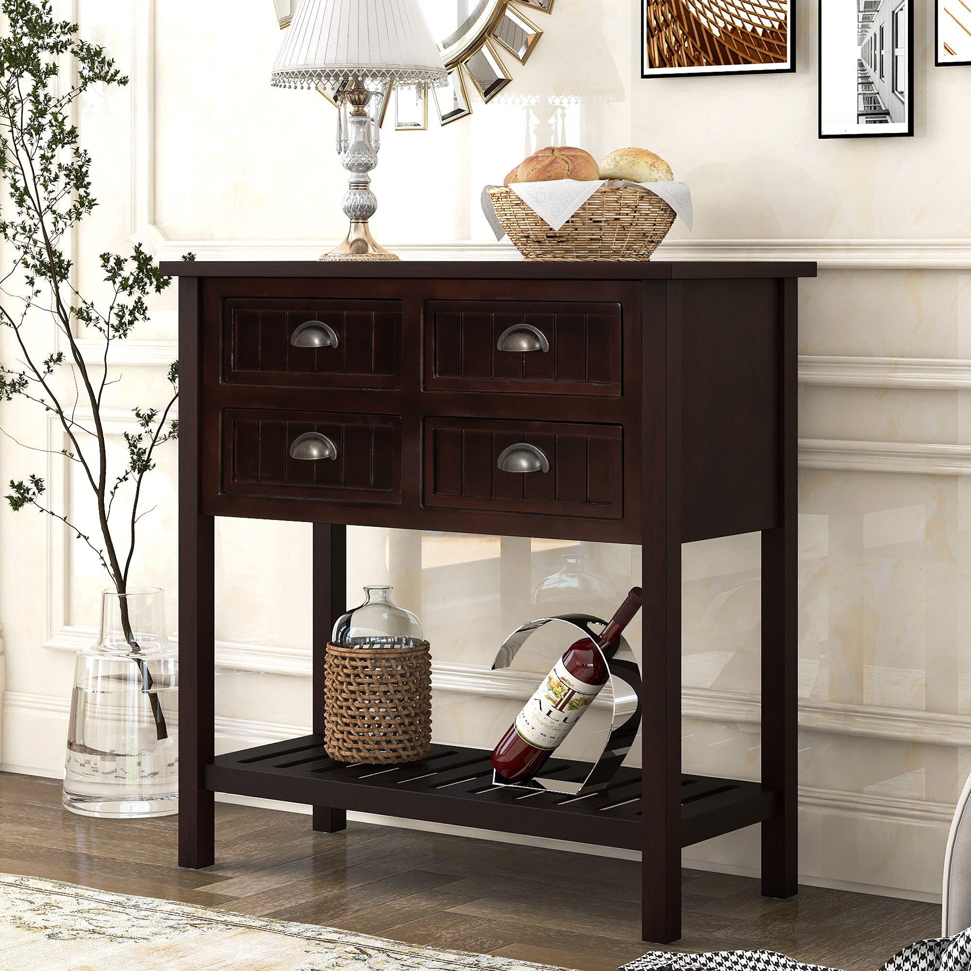 Narrow Console Table with Storage - Rustic Wood Sofa Table with 4 Drawers & Bottom Shelf for Entryway, Living Room | Easy Assembly (Bright Espresso) | Perfect for Small Spaces, Hallway Organization & Farmhouse Decor