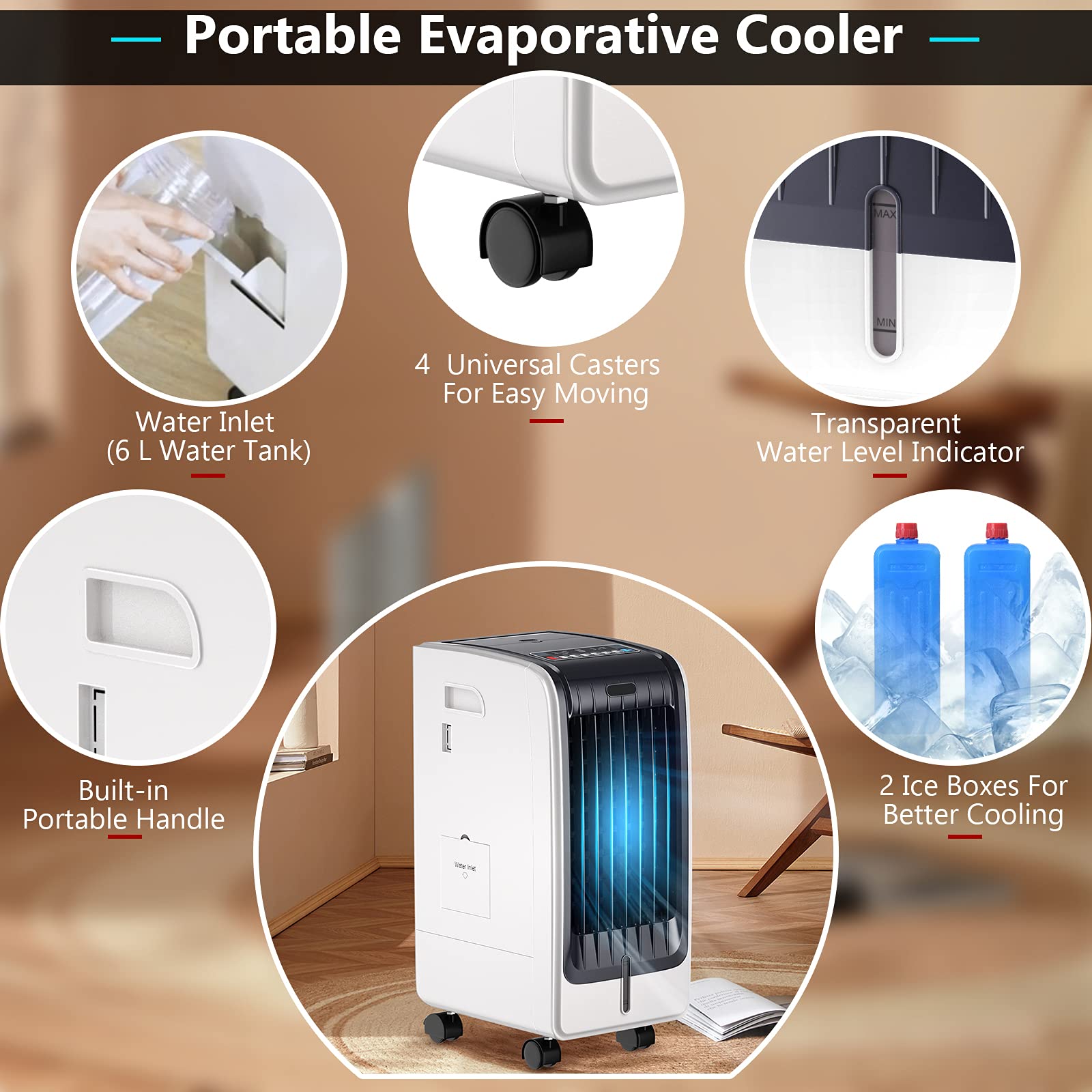 GOFLAME Evaporative Air Cooler & Humidifier - 3 Modes, 3 Speeds, 6L Water Tank, Quiet Bladeless Fan with Remote & 8H Timer - Perfect for Bedroom, Living Room, Office & Outdoor Spaces