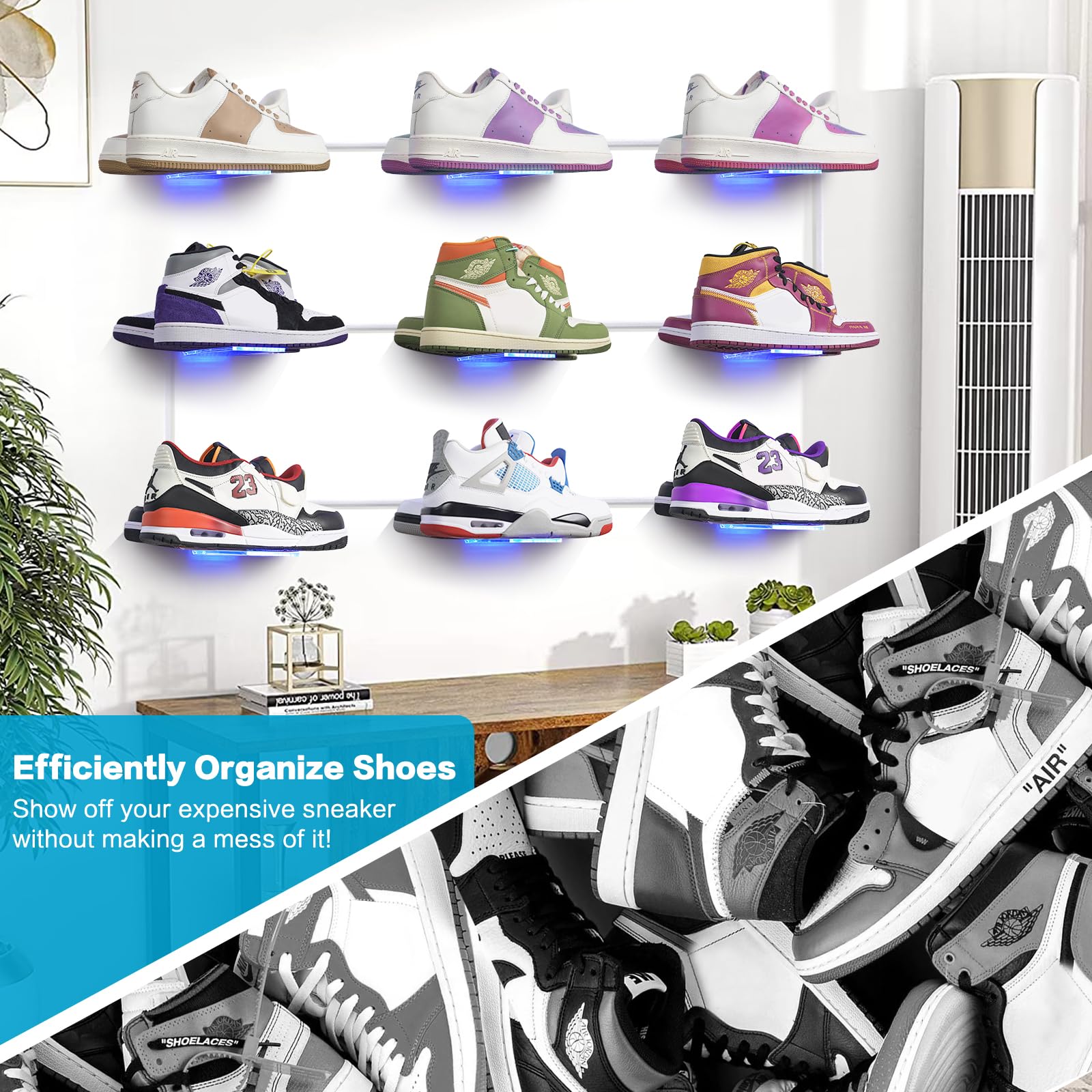 DILIBRA 6-Pack LED Floating Shoe Display Shelf - Glow Color Changing Clear Acrylic Wall Mount Sneaker Shelves for Nike, Jordan & Collectible Shoes (18Pcs+Clear) - Perfect for Bedroom, Game Room & Sneakerhead Collections