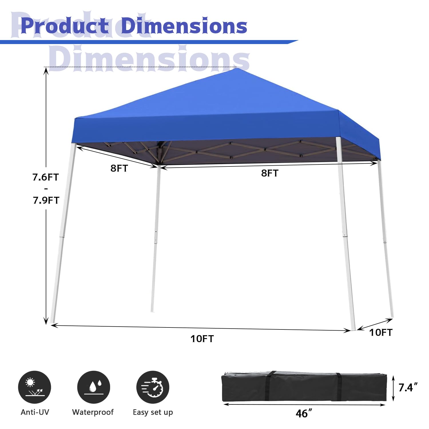 10x10 FT Pop Up Canopy Tent with Slant Legs & Carrying Bag - Portable Outdoor Instant Shelter for Patio, Garden, Beach, Camping & Events - Waterproof 8x8 FT Canopy Cover (Blue) - Perfect for Picnics, Tailgating & Outdoor Parties