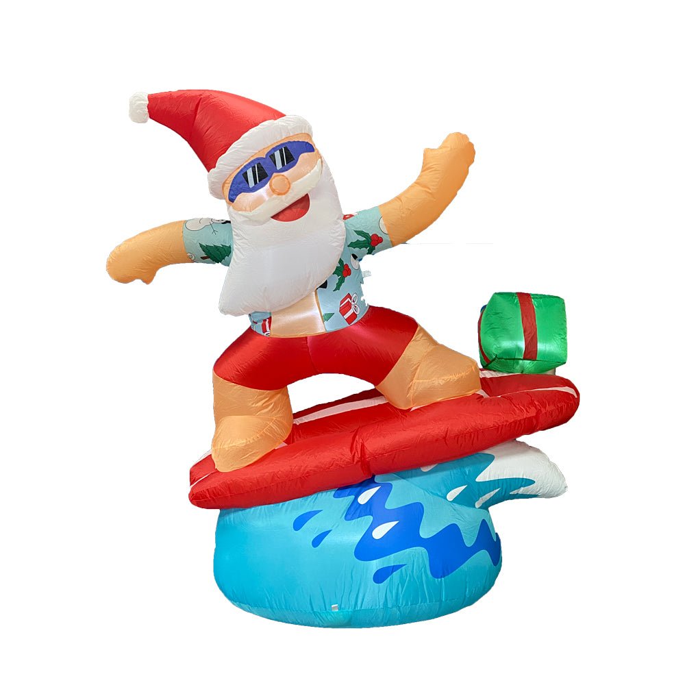 Inflatable 6ft LED Surfing Santa Christmas Decoration for Beach, Yard, and Holiday Party Decor - Waterproof Outdoor Xmas Decor with Bright Lights