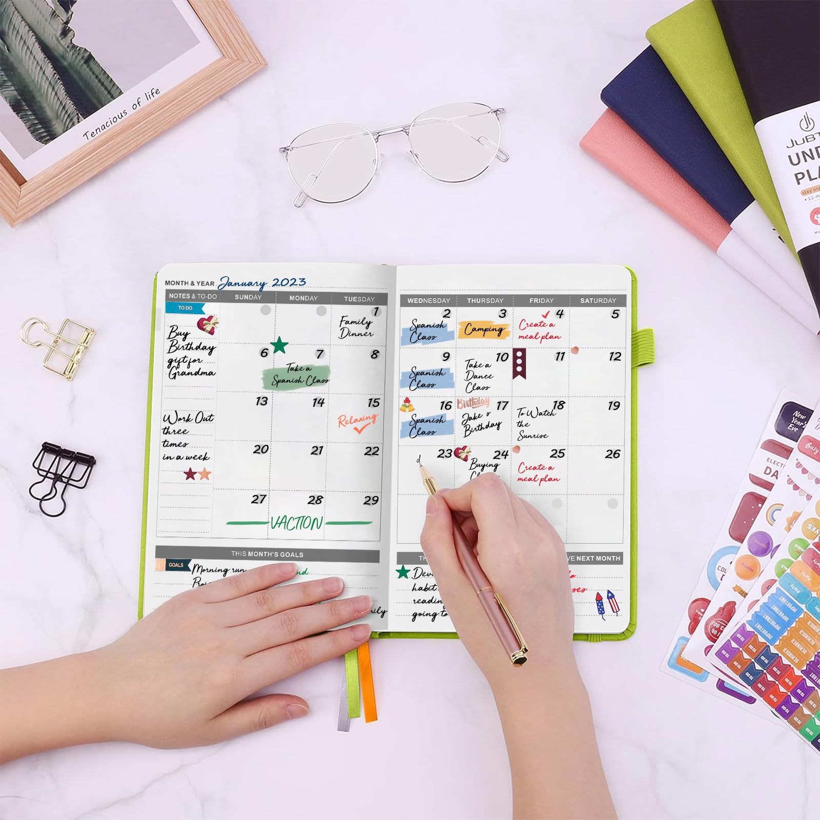 JUBTIC Undated Planner 2025 - Weekly & Monthly Productivity Planner with Stickers, Appointment Book for Time Management, Goal Setting & Work Organization (Light Green) | Perfect for Students, Professionals & Busy Moms