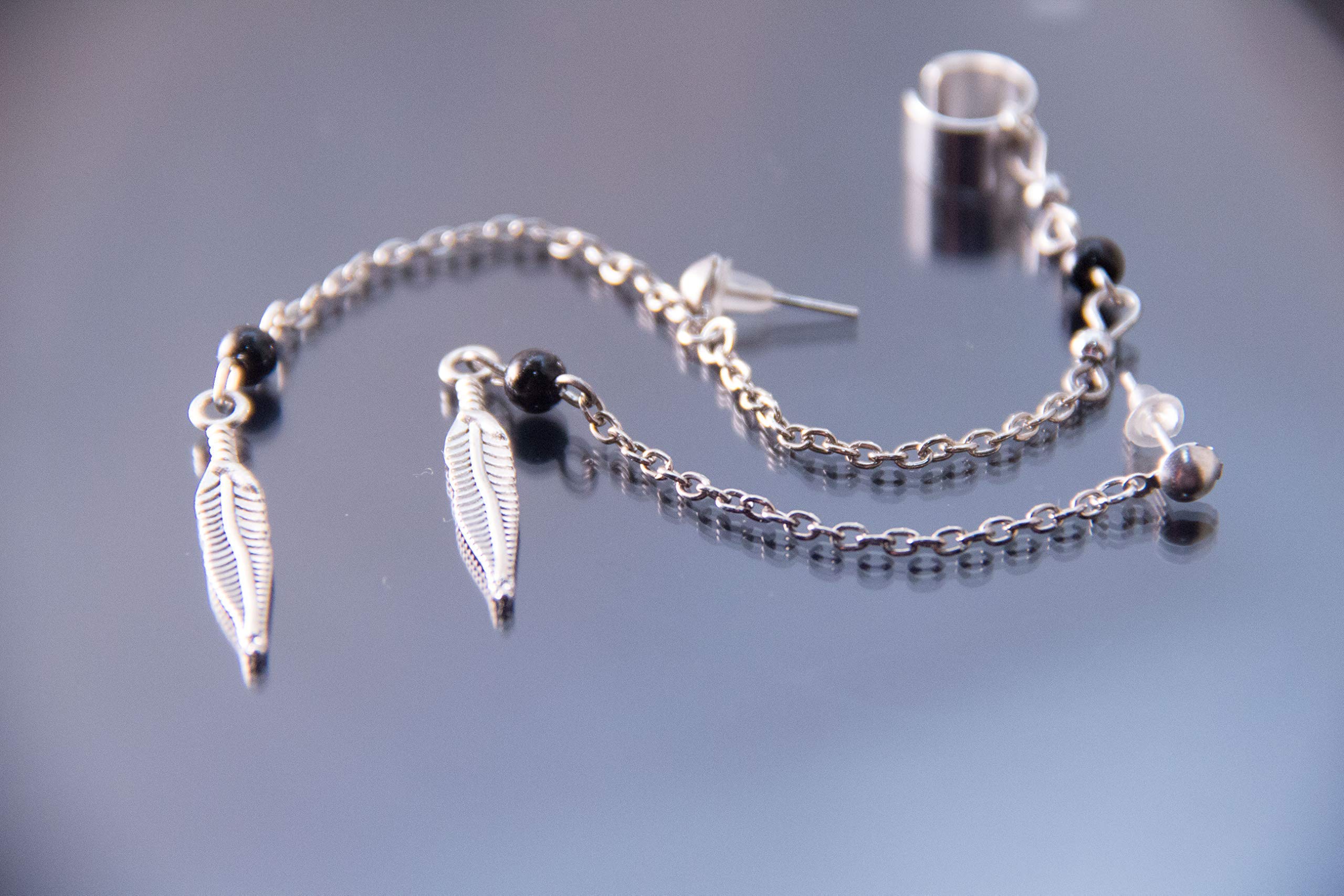 Handmade Silver Feather Charm Dangle Ear Cuffs - No Piercing Cartilage Earrings Set with Leaf Design | Boho Chic Jewelry for Women, Perfect for Parties, Weddings & Everyday Wear